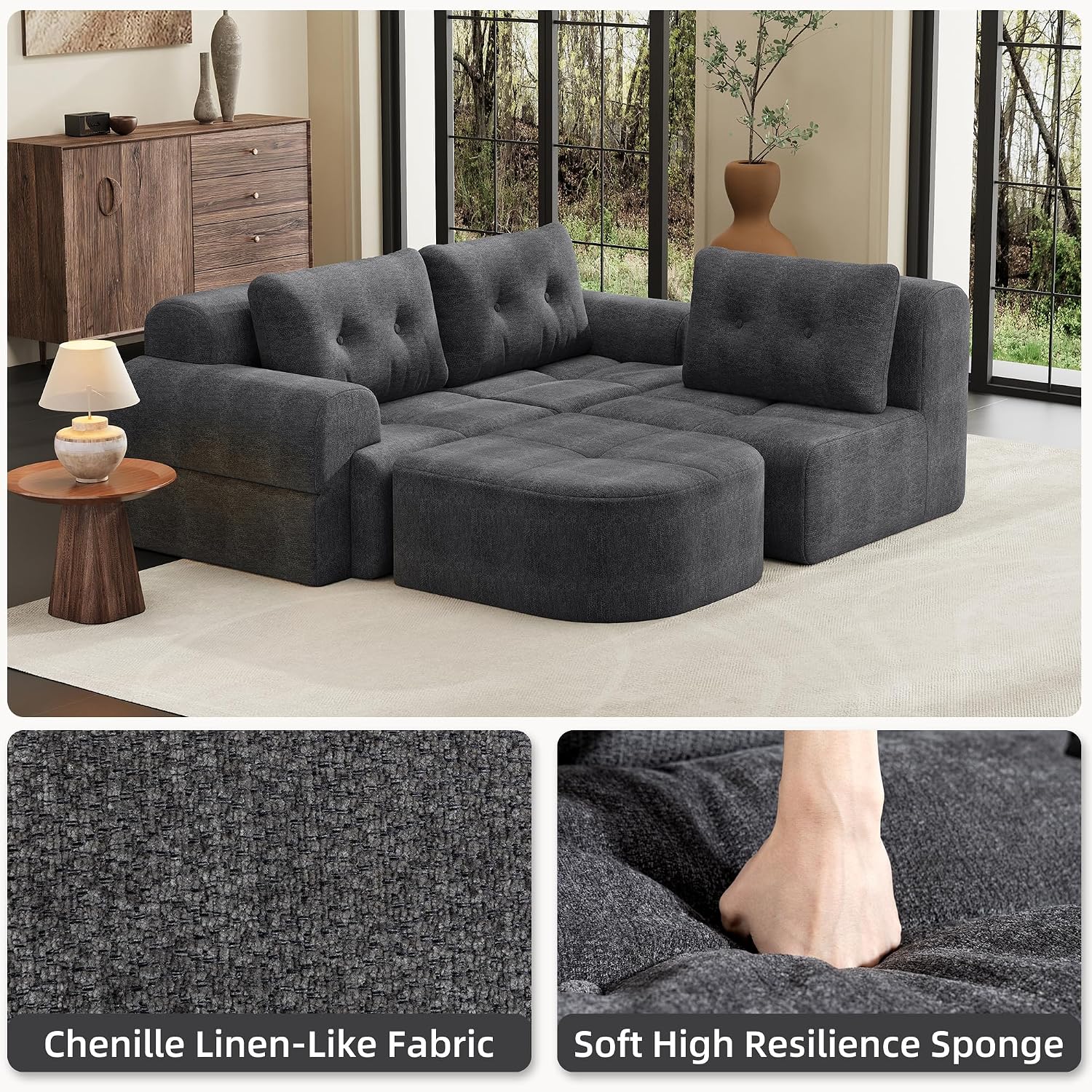 112' Compressed Boneless Sectional Sofa with Movable Ottoman Convertible L Shaped Modular Corner Couch for Living Room - Oversized Cloud Couches W/Tufted Cushions and Deep Seat