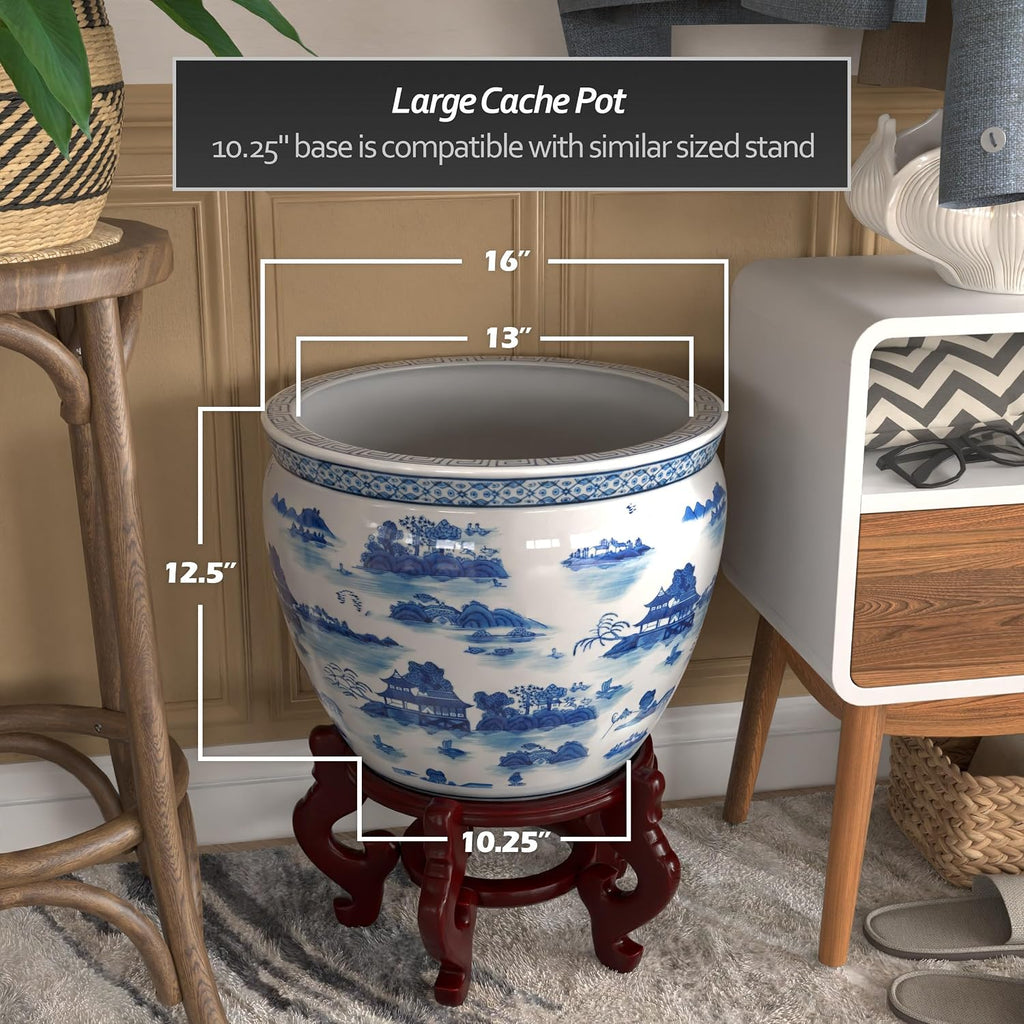 Red Lantern 16' Landscape Blue & White Porcelain Fishbowl Planter or Cachepot for Indoor/Outdoor Use in Garden Entryway Living Room Boho Eclectic Modern Contemporary Classic Traditional Style Decor