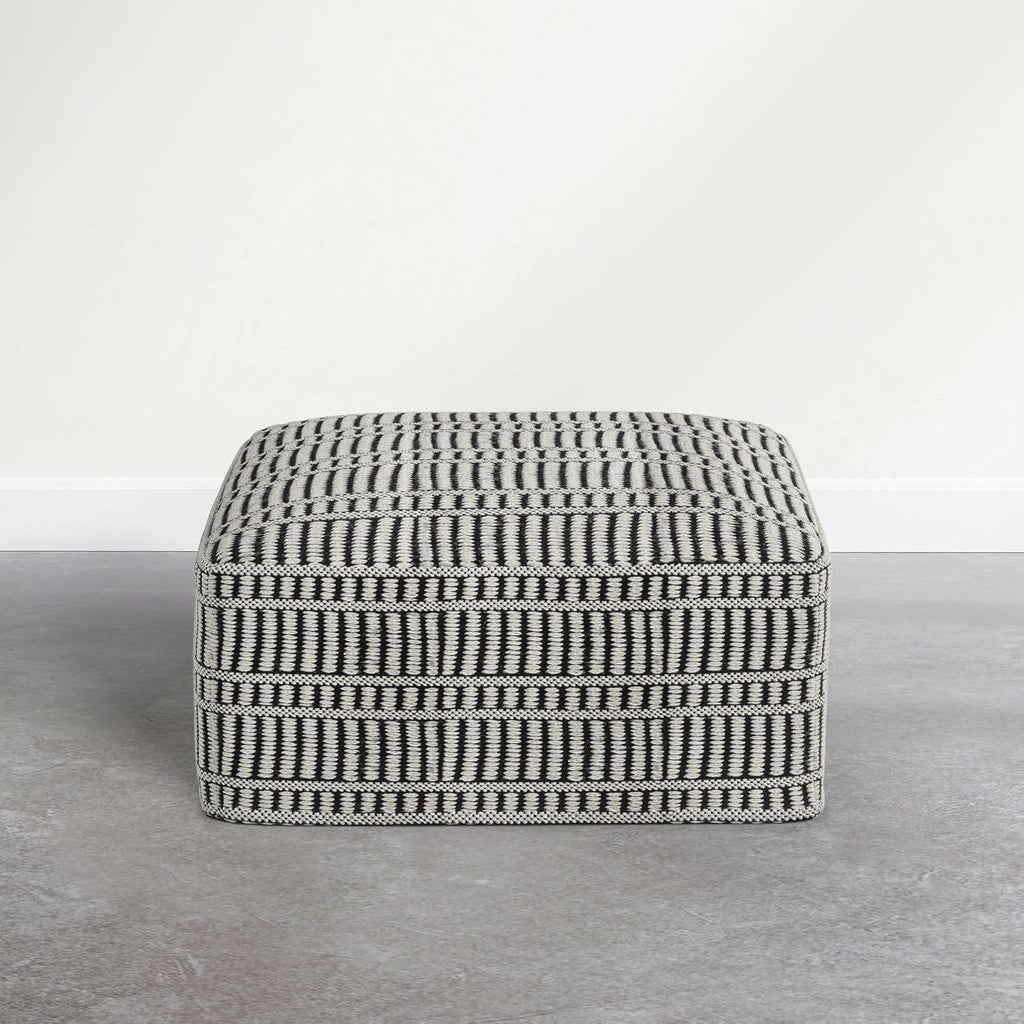 SIMPLIHOME Safford Square Pouf - 20 inch Wide Upholstered PET Polyester Ottoman in Cream White and Deep Black, Boho Indoor/Outdoor Footstool or Extra Seating for Living Room or Patio, Assembled