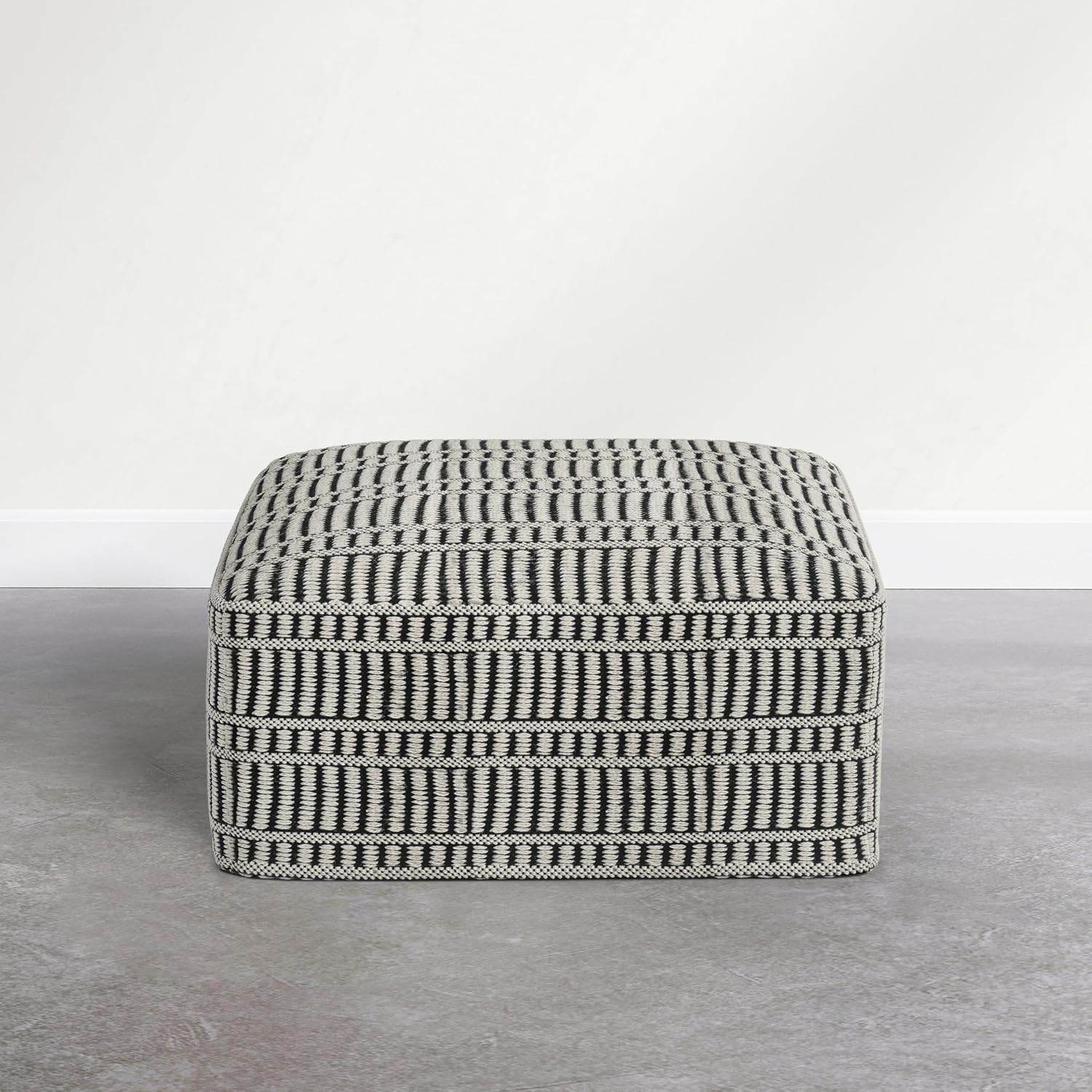 SIMPLIHOME Safford Square Pouf - 20 inch Wide Upholstered PET Polyester Ottoman in Cream White and Deep Black, Boho Indoor/Outdoor Footstool or Extra Seating for Living Room or Patio, Assembled