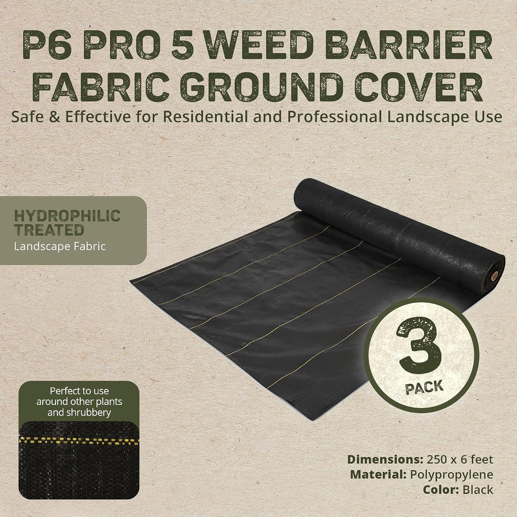Dewitt 3-Pack Pro-5 Weed Barrier Fabric 5 oz, 6 x 250 Feet – Heavy-Duty Woven Landscape Ground Cover Mat for Raised Garden Bed, Greenhouse Gardening, Outdoor Landscaping, and Commercial Planting