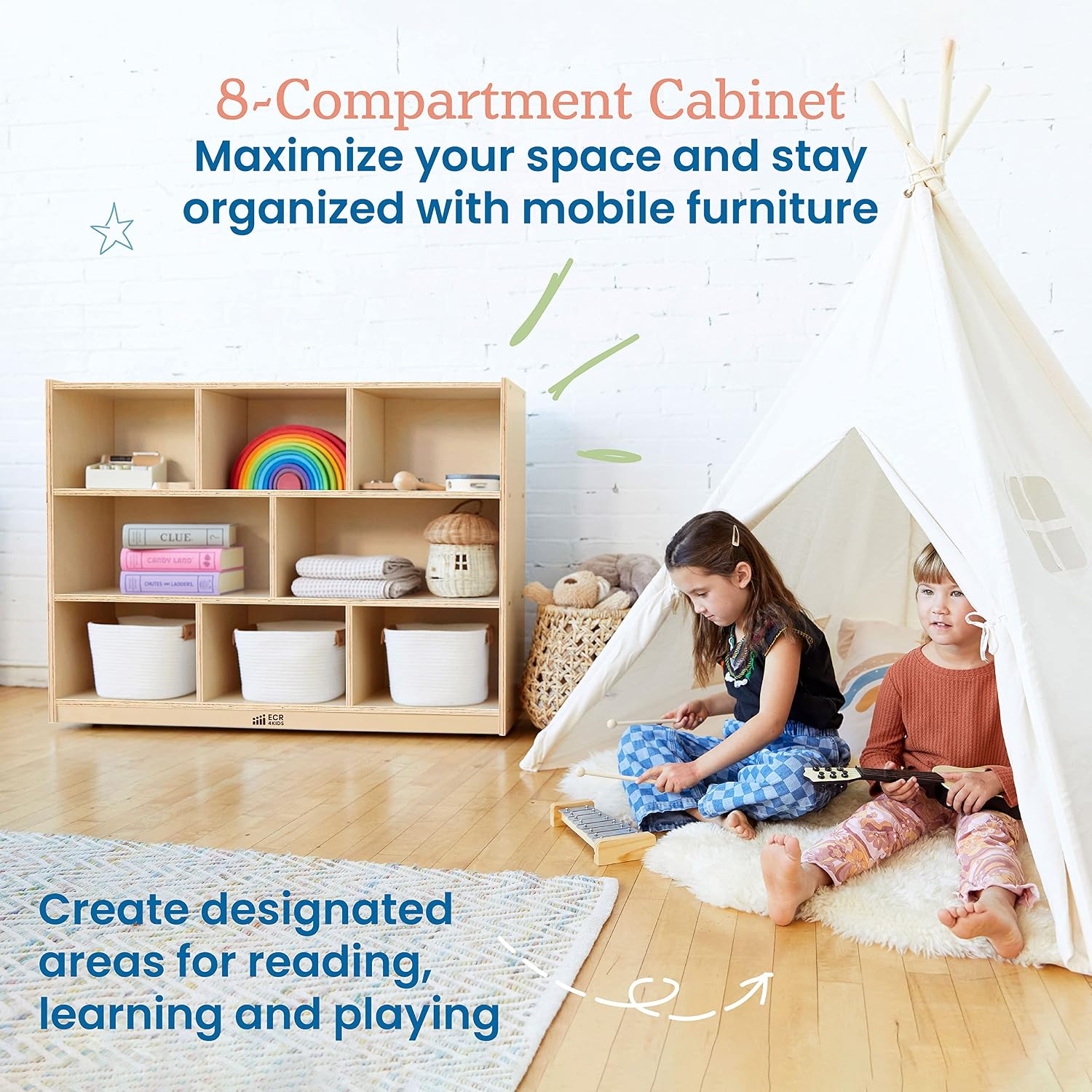ECR4Kids 8-Compartment Mobile Storage Cabinet, Elementary, Classroom Furniture, Natural