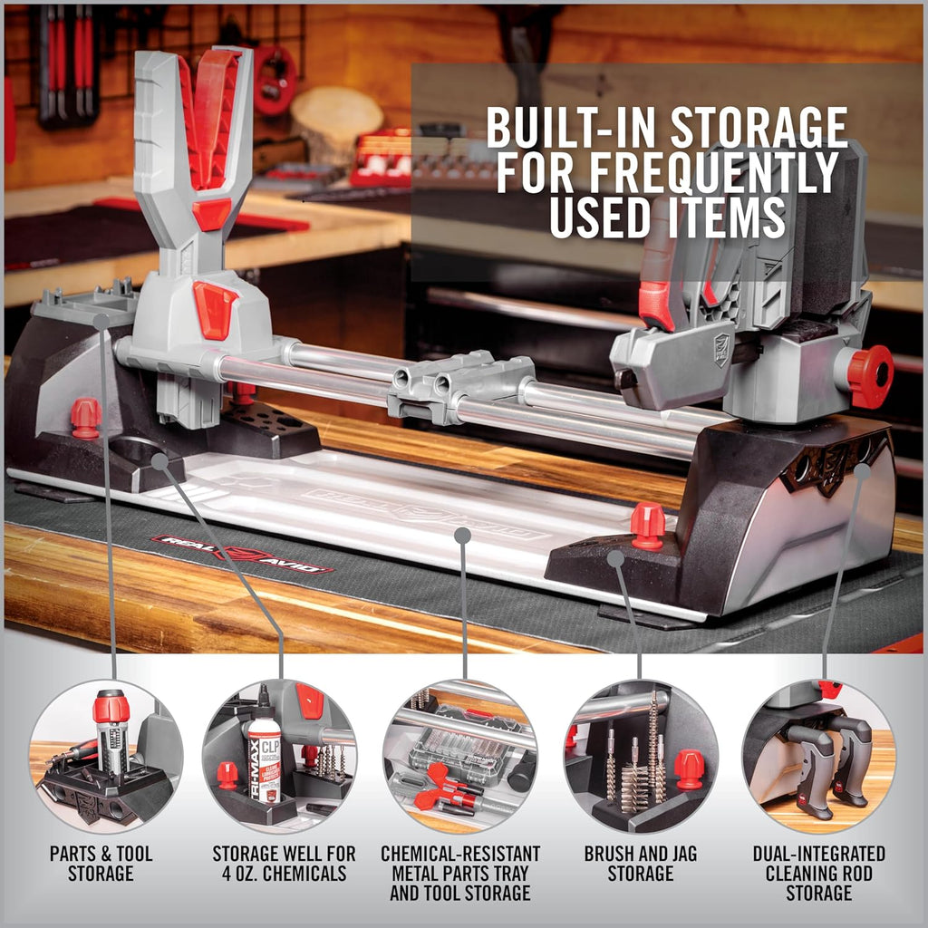 Real Avid Master Gun Workstation Up to 18.3' of Travel One-Hand Quick Adjustable Clamping, Non-Marring Form-Fitting Yokes Vise Ideal for Gun Cleaning & Maintenance w/Leveling Knob for Scope Mount