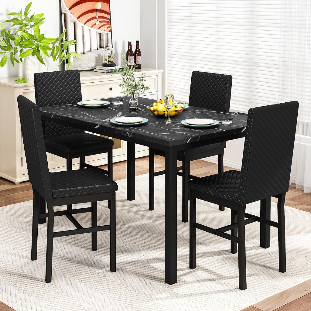 DKLGG Dining Table Set for 4, Faux Marble Kitchen Table with Velvet Upholstered Dinner Chairs, Small Dining Room Sets for Small Space Apartment Home