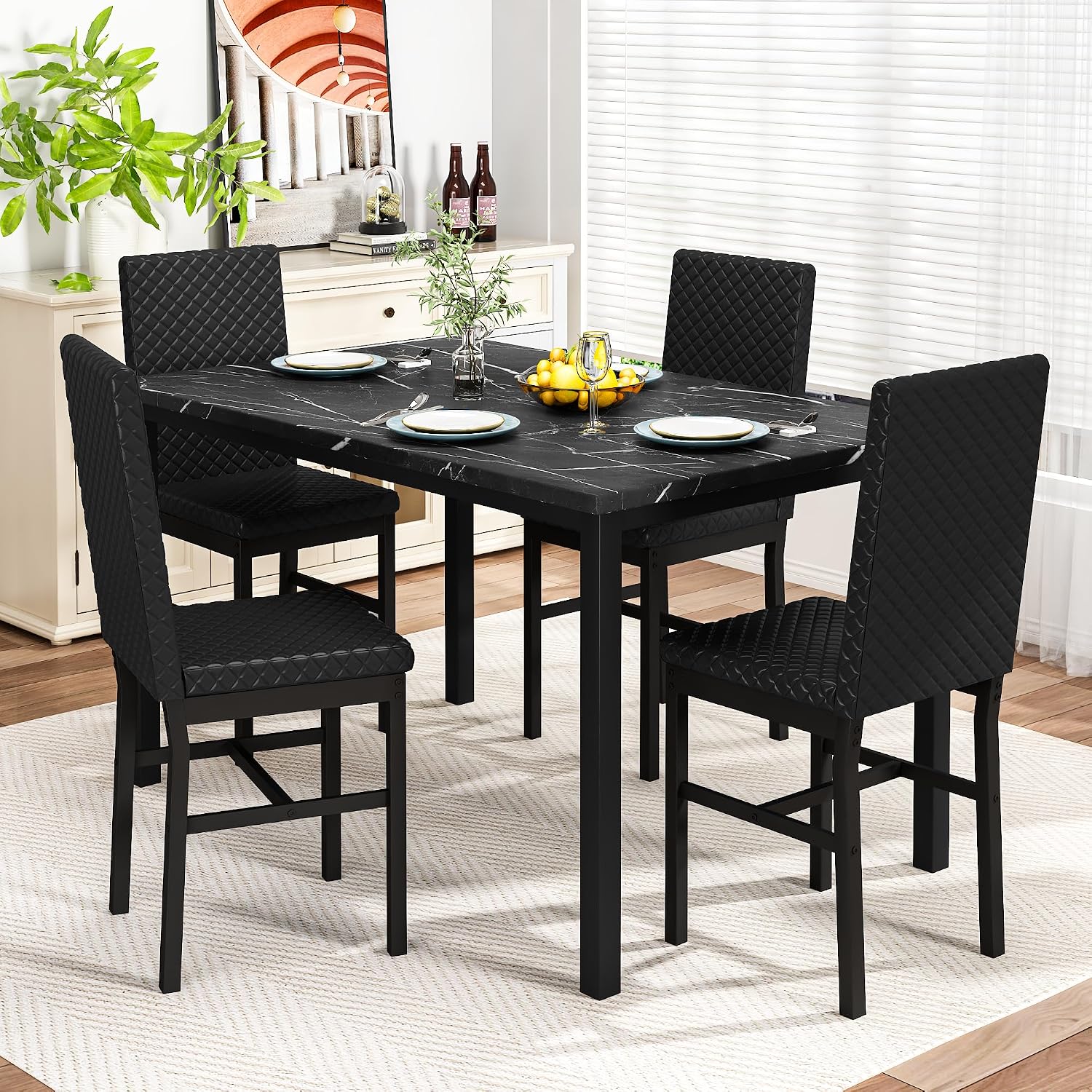 DKLGG Dining Table Set for 4, Faux Marble Kitchen Table with Velvet Upholstered Dinner Chairs, Small Dining Room Sets for Small Space Apartment Home
