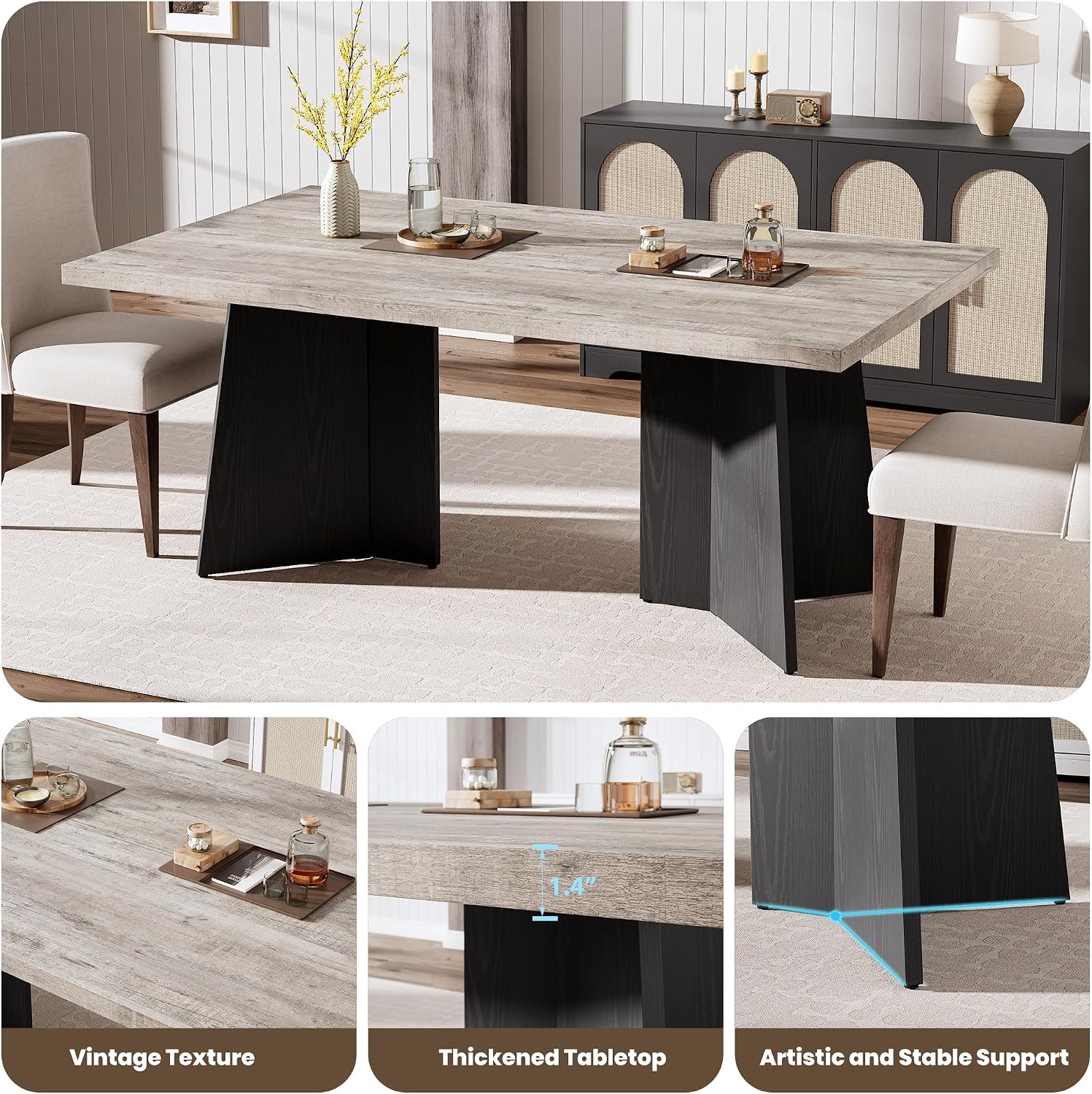 GarveeHome Dining Table for 6-8 People - 63' Modern Long Kitchen Table with Large Tabletop & Pedestal Legs, Dinner Table for Kitchen, Conference Room, Home, Grey & Black