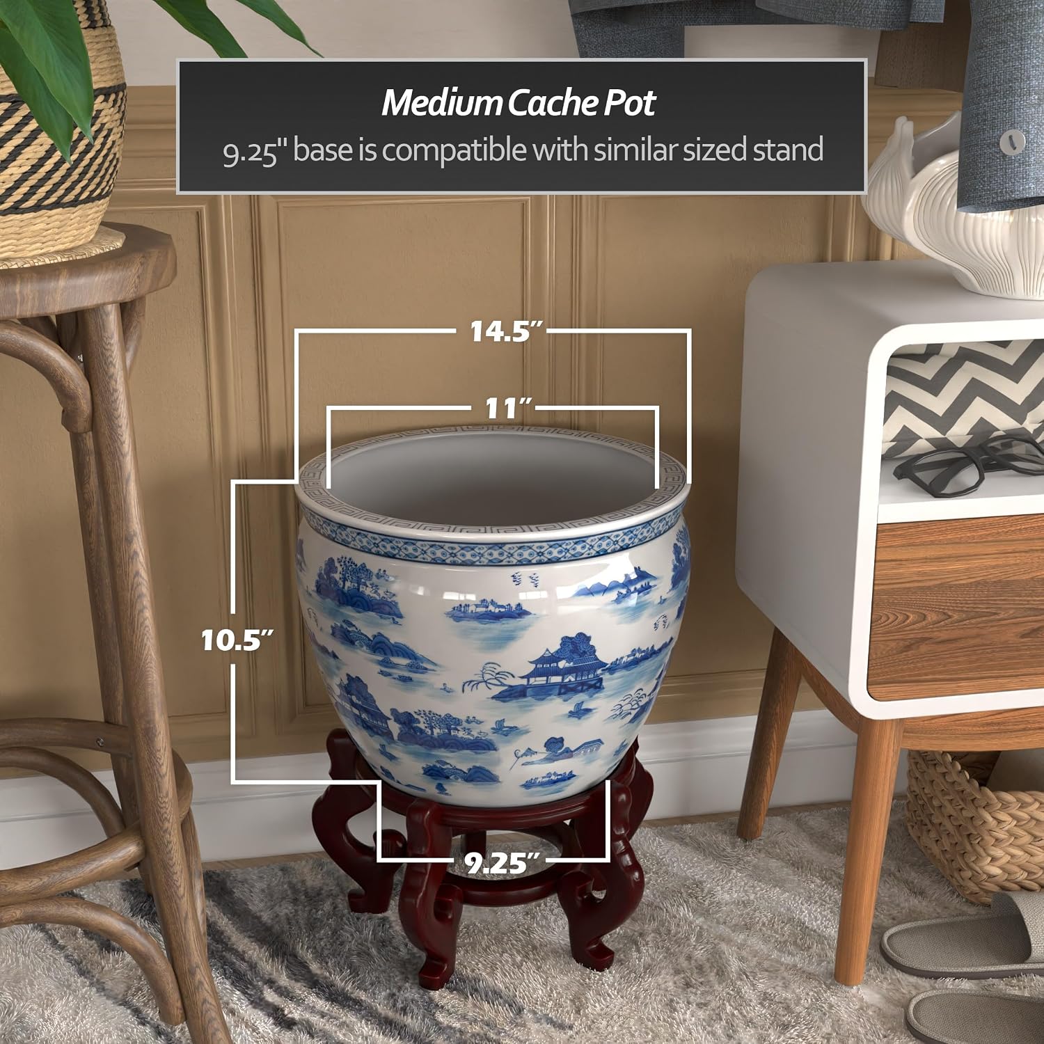 Red Lantern 14' Landscape Blue & White Porcelain Fishbowl Planter or Cachepot for Indoor/Outdoor Use in Garden Entryway Living Room Boho Eclectic Modern Contemporary Classic Traditional Style Decor