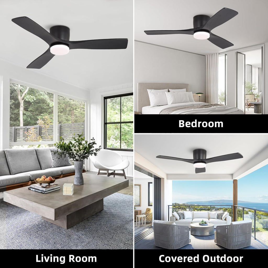 WINGBO 48 Inch Flush Mount DC Ceiling Fan, 3CCT Dimmable Light, 3 Carved Wood Blades, 6-Speed Noiseless Reversible DC Motor, Hugger Low Profile Fan, Matte Black Finish with Black Blades, ETL Listed