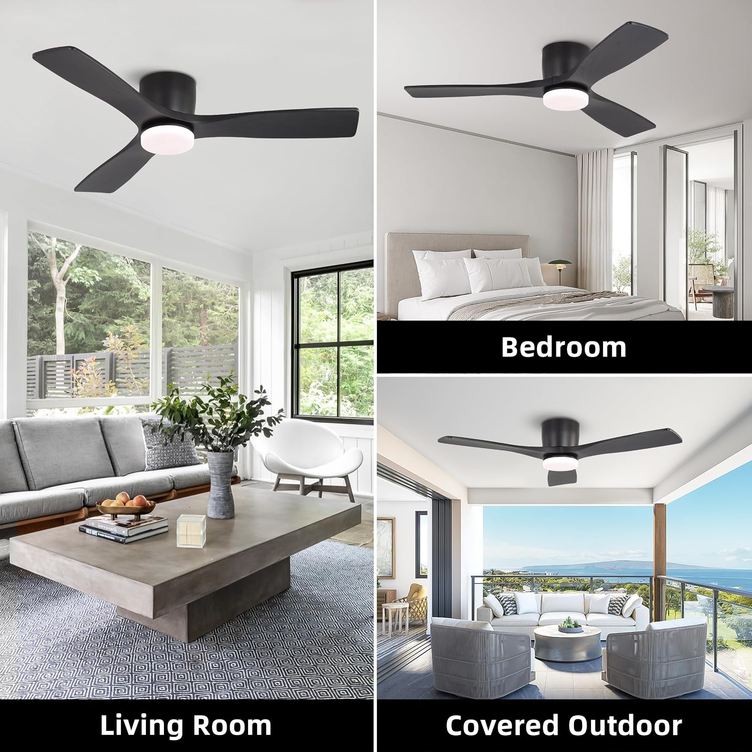 WINGBO 48 Inch Flush Mount DC Ceiling Fan, 3CCT Dimmable Light, 3 Carved Wood Blades, 6-Speed Noiseless Reversible DC Motor, Hugger Low Profile Fan, Matte Black Finish with Black Blades, ETL Listed