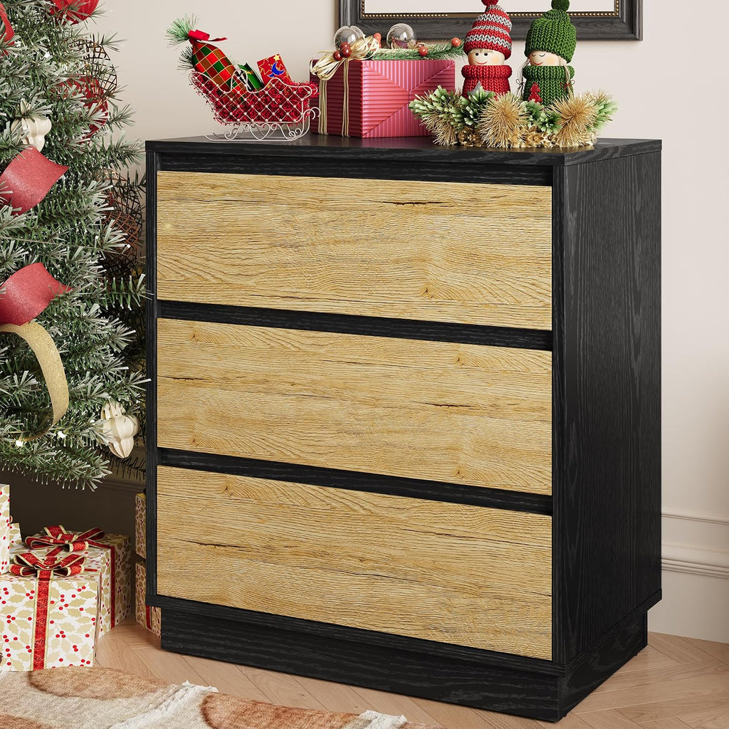 FansaFurn Wide Nightstand Set of 2, Black Nightstand for Bedroom, Large End Table with 3 Drawers, Bedside Table for Home Office, Black and Wood