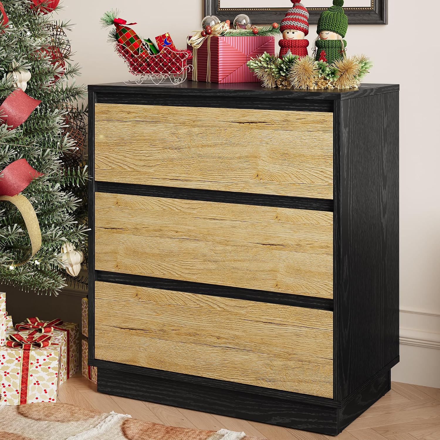 FansaFurn Wide Nightstand Set of 2, Black Nightstand for Bedroom, Large End Table with 3 Drawers, Bedside Table for Home Office, Black and Wood