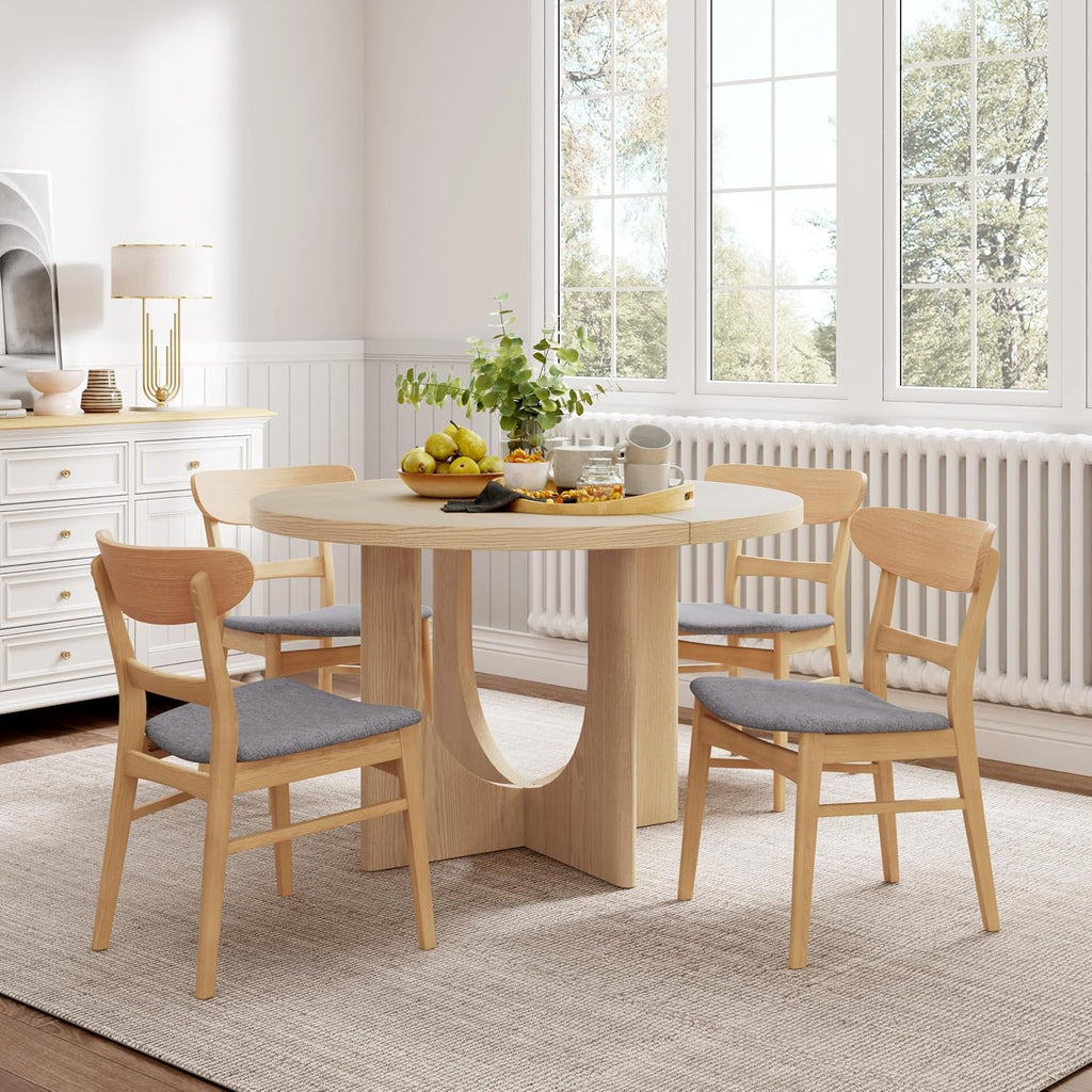 Christopher Knight Home Zeka Wooden Round Dining Table Set for 4, 5 Piece Dining Set, Dining Room Table Set for 4, Kitchen Table with Cross Leg and Upholstered Chairs, Light Grey + Natural