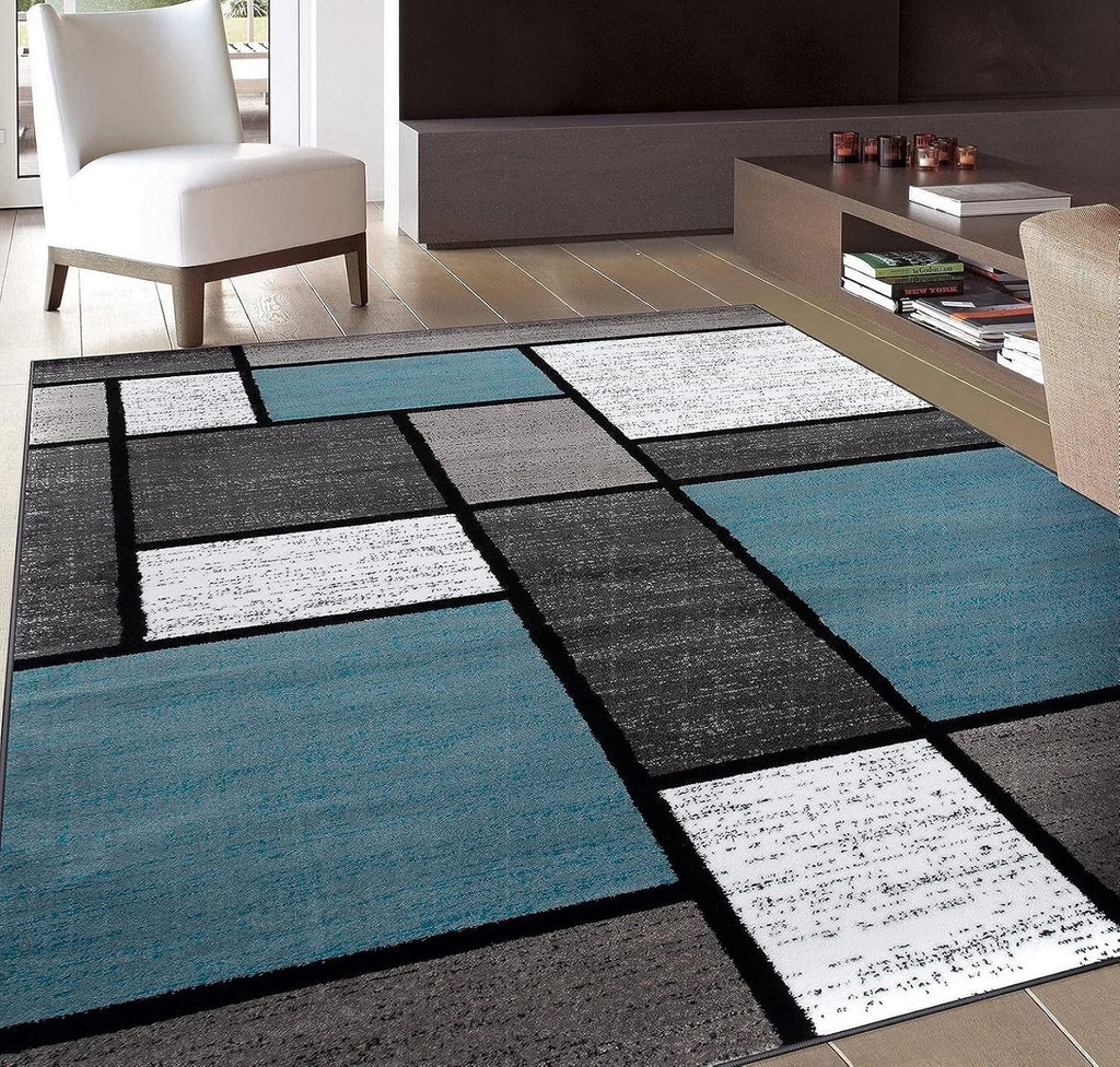 Rugshop Modern Geometric Blocks Area Rug, Non-Shedding Carpet with Abstract Patchwork Design for Living Room Bedroom or Home Office Blue Gray 6'6' x 9'