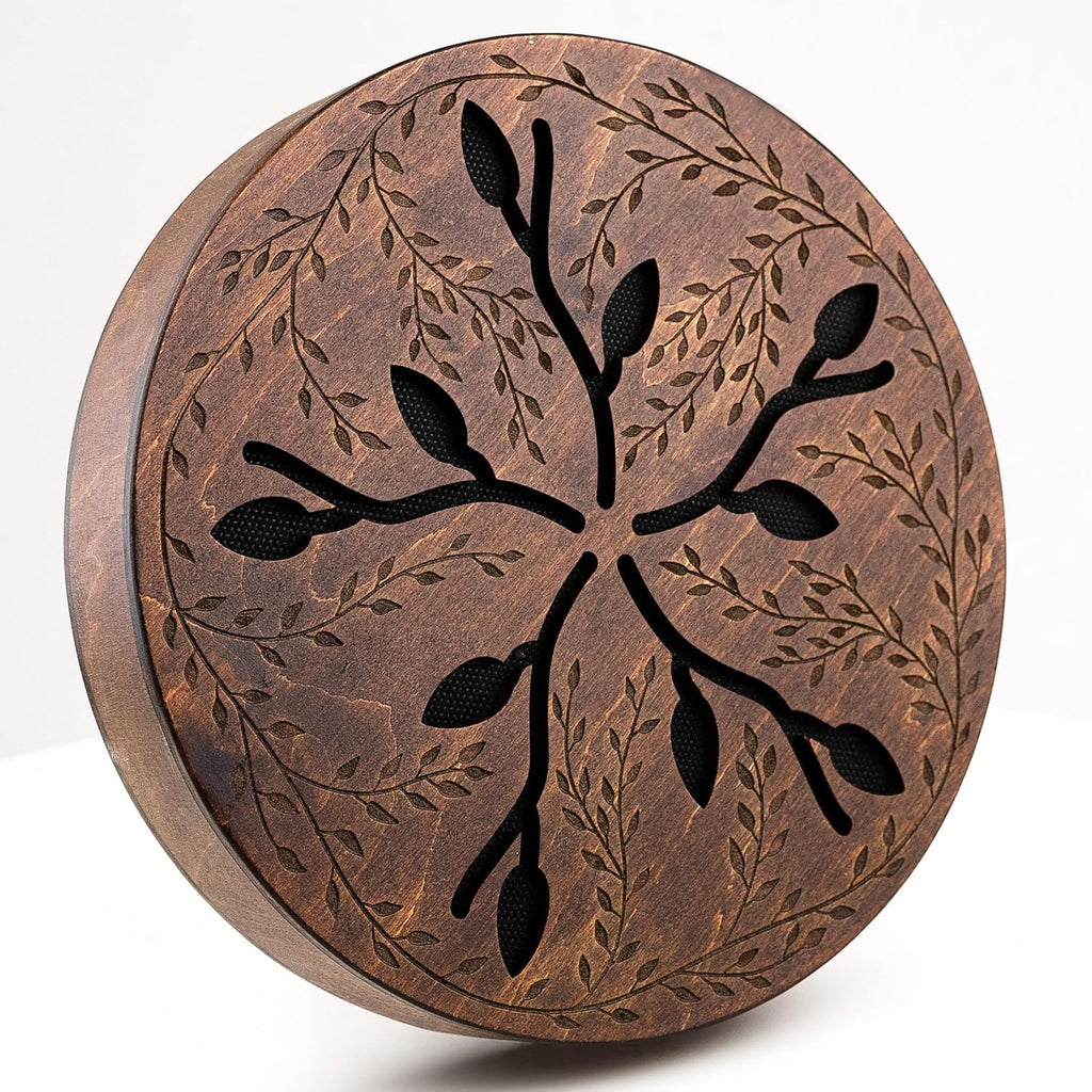 Rain-Fall Disc, 8.6 Inch (22 cm) Wooden Ocean Drum, Gentle Rain Sound for Sound Bath, Meditation & Sound Healing, Leaves & Lotus Design