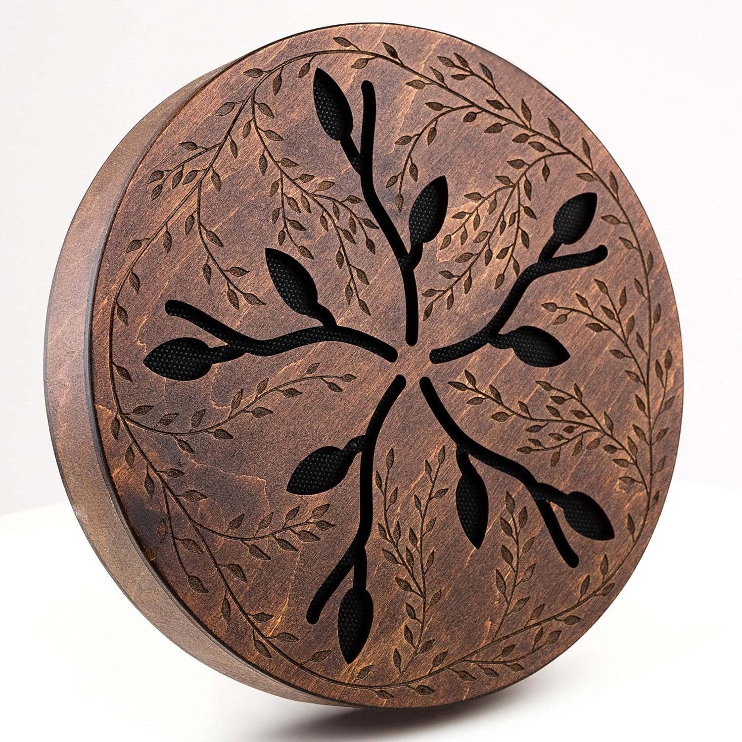 Rain-Fall Disc, 8.6 Inch (22 cm) Wooden Ocean Drum, Gentle Rain Sound for Sound Bath, Meditation & Sound Healing, Leaves & Lotus Design