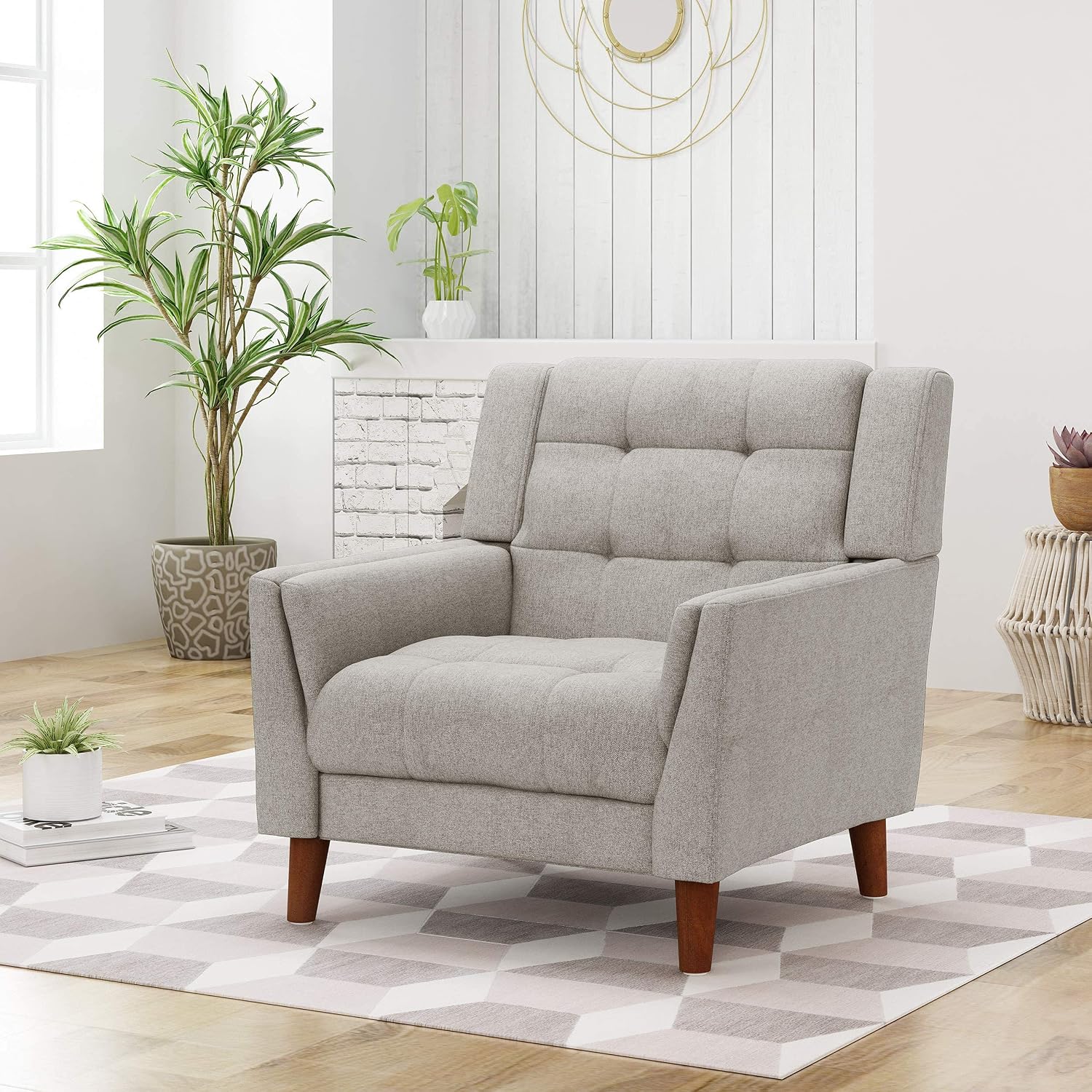 Christopher Knight Home Evelyn Mid Century Modern Fabric Arm Chair, Beige & Walnut (305538