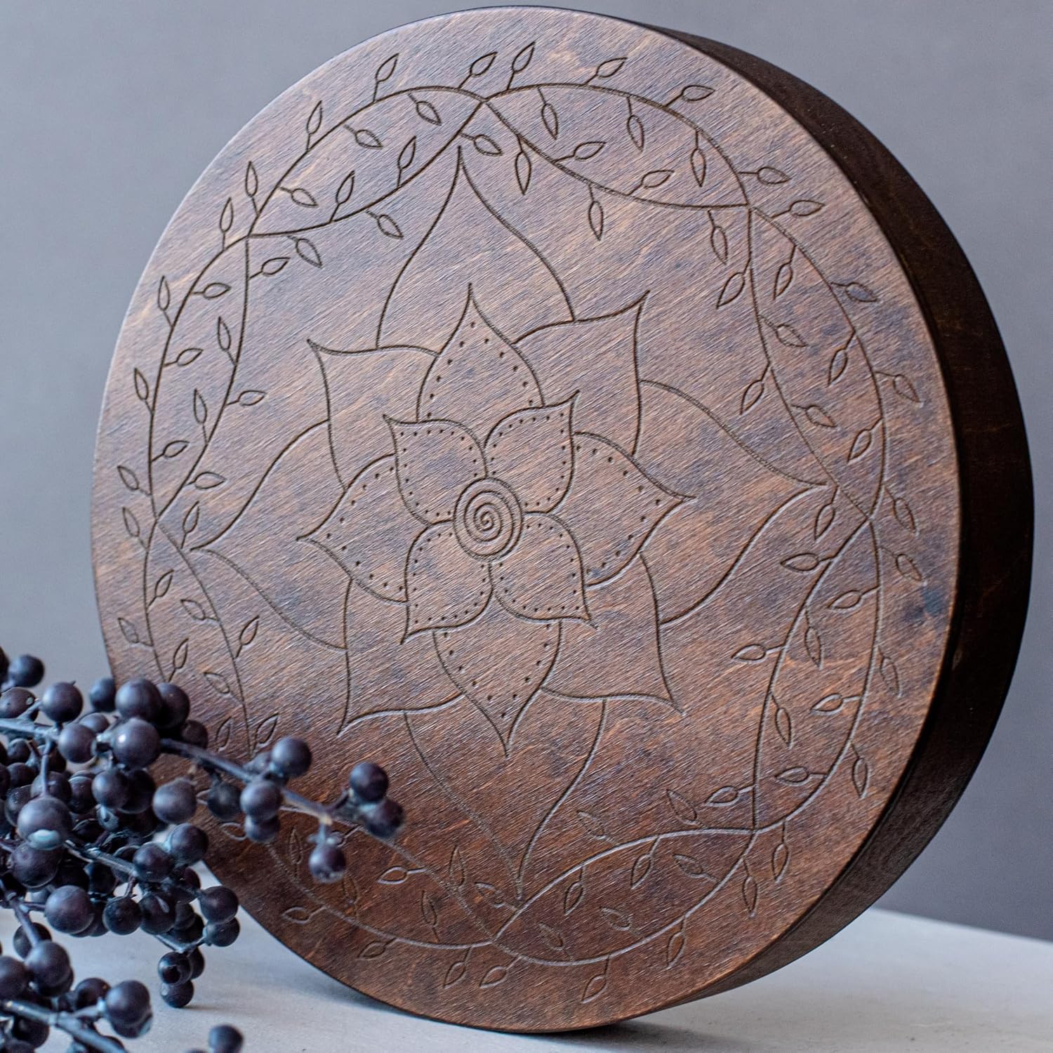 Rain-Fall Disc, 8.6 Inch (22 cm) Wooden Ocean Drum, Gentle Rain Sound for Sound Bath, Meditation & Sound Healing, Leaves & Lotus Design