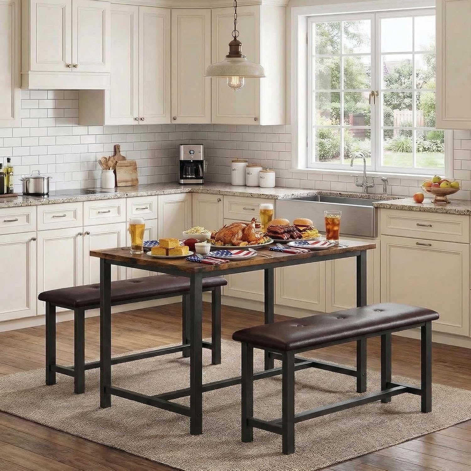 GarveeHome Dining Table Set for 4, Kitchen Table with 2 Upholstered Benches, Wood Kitchen Dining Room Set, for Small Space, Apartment, Home, Dinner, Retro Brown