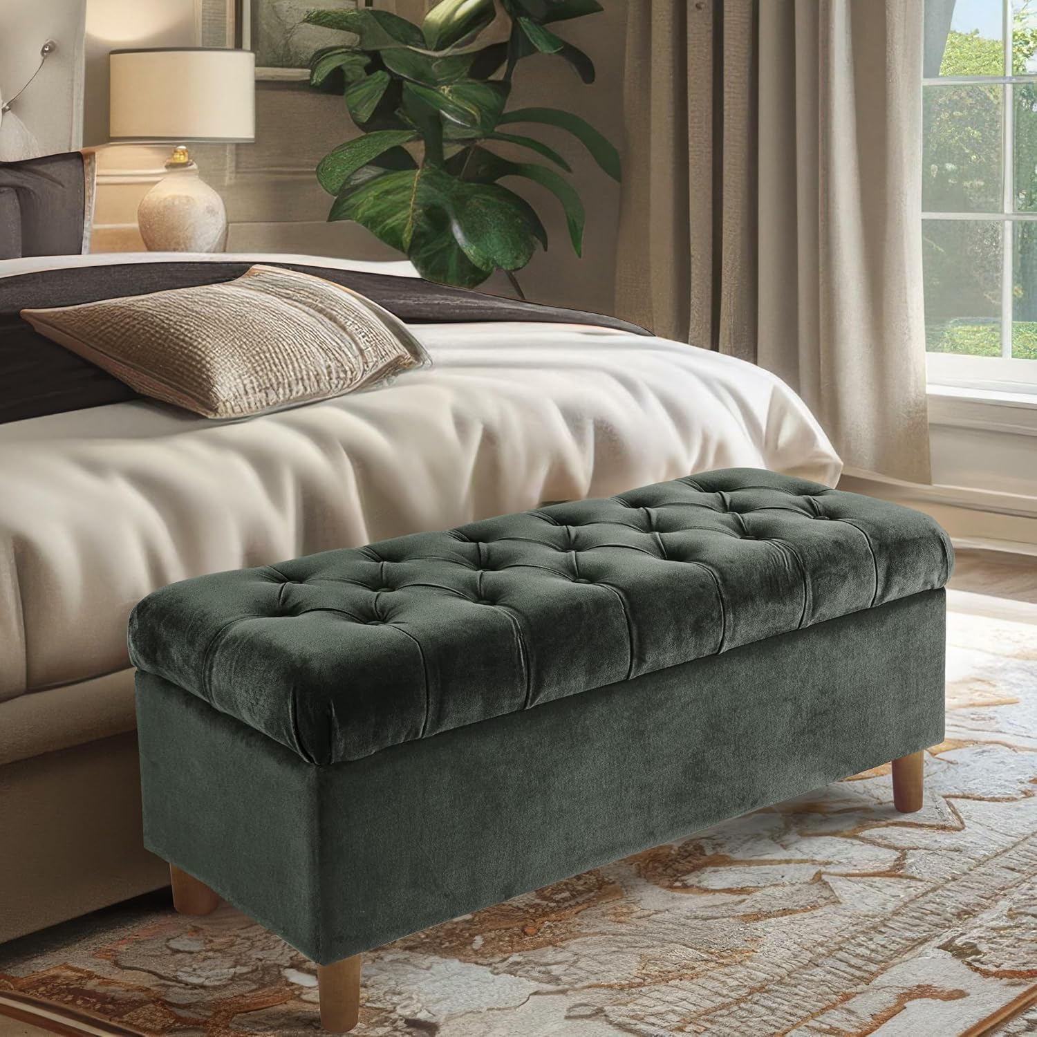 HomePop 40' Ainsley Button Tufted Storage Bench - Loden Green Velvet
