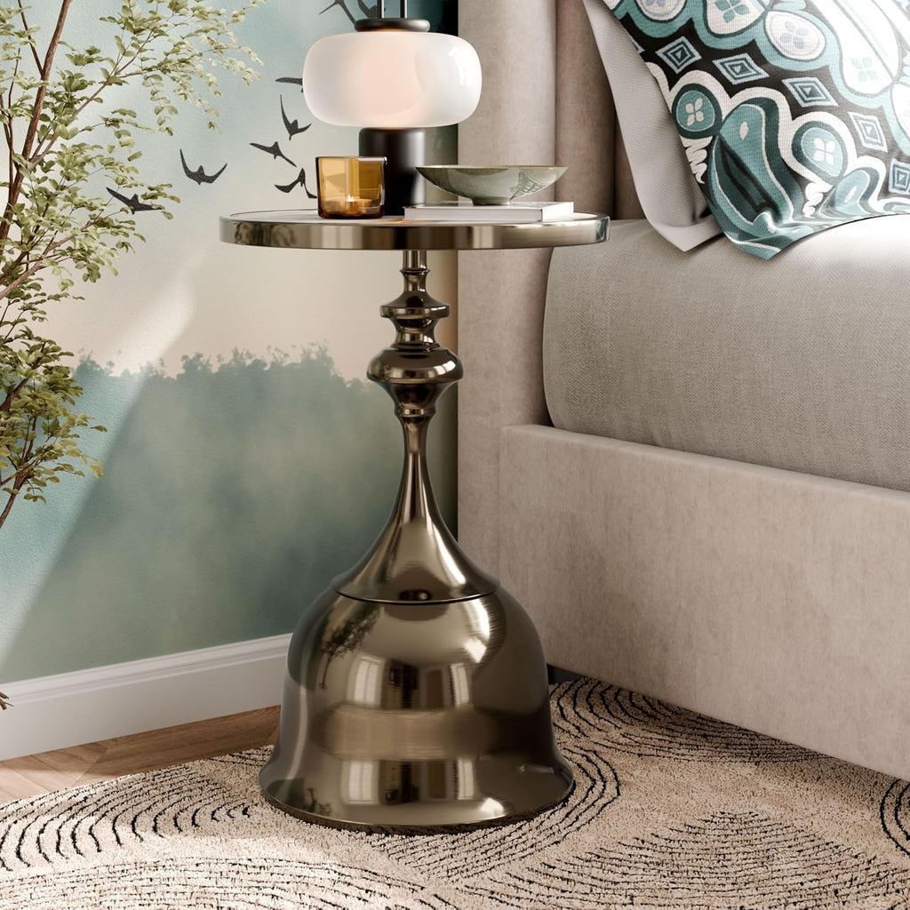 Homes: Inside + Out Halric Modern 24' Tall Round End Table with Decorated Tabletop and Iron Metal Base, Accent Furniture, Elegant Pedestal Stand for Living Room, Home Office, Antique Brass