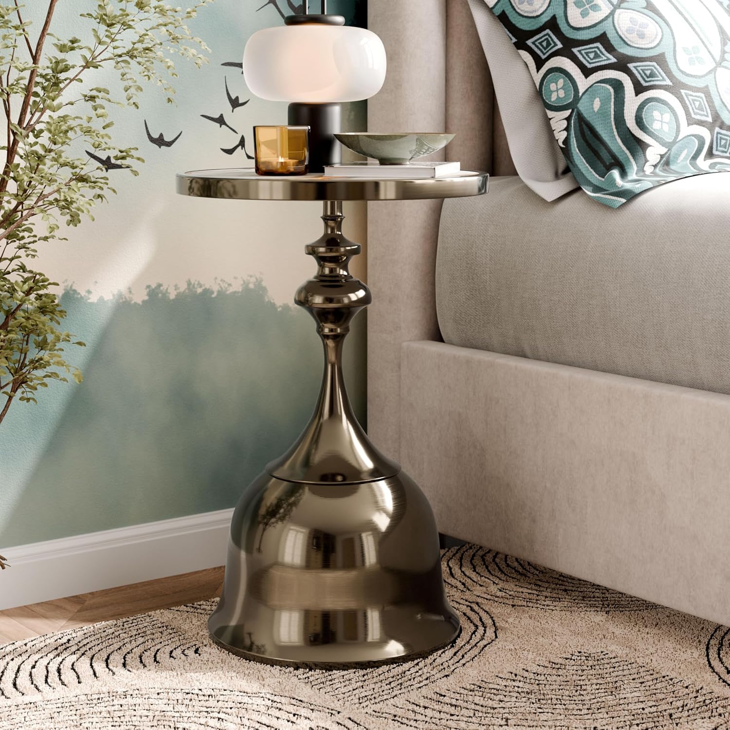 Homes: Inside + Out Halric Modern 24' Tall Round End Table with Decorated Tabletop and Iron Metal Base, Accent Furniture, Elegant Pedestal Stand for Living Room, Home Office, Antique Brass