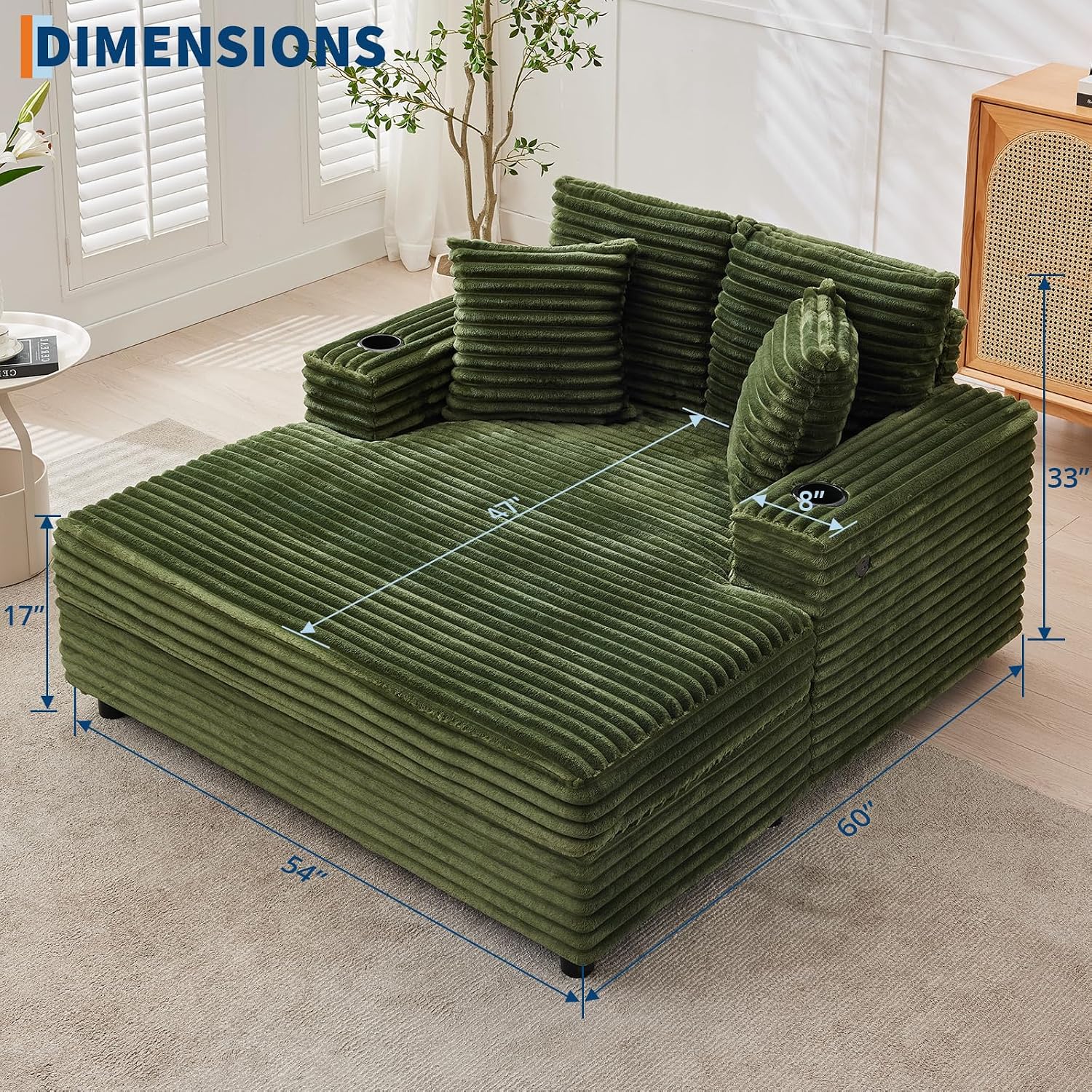 GarveeHome 60-inchOversized Chaise Lounge Chair Indoor, Comfy Corduroy Lounge Sofa with Charging Station, Cup Holders & Throw Pillows, Cozy Sleeper Couch for Living Room Apartments, Green