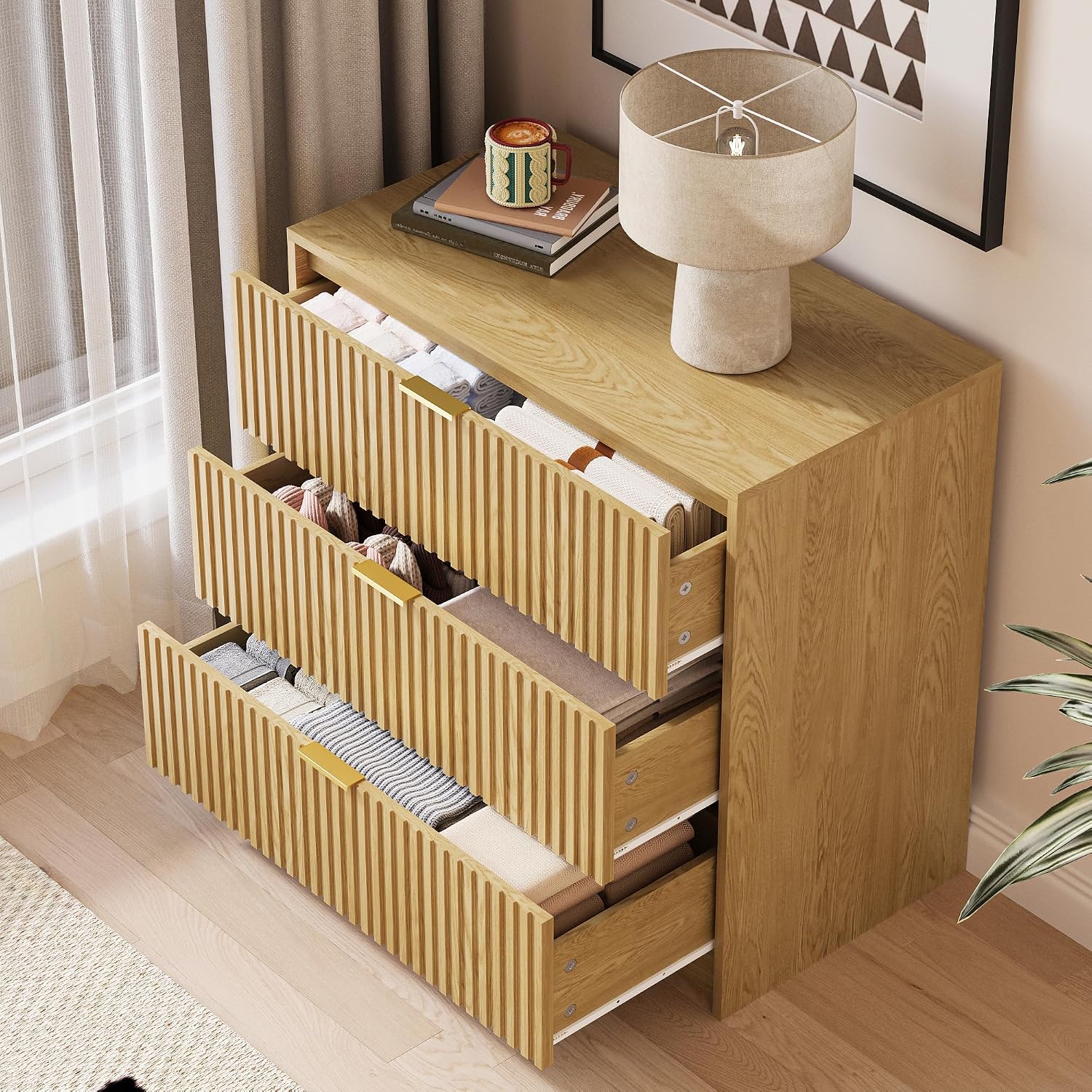 MAISONARIA Fluted Dresser for Bedroom, 32 Inch Wide Nightstand with Large Drawer, 3 Drawer End Table for Bedroom, Living Rooms, Offices, and Entryways, Natural