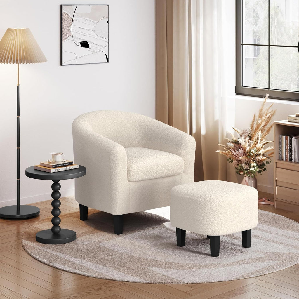 Yaheetech Barrel Chair with Ottoman Set, Boucle Fabric Accent Chair with Soft Padded and Sturdy Legs for Living Room/Bedroom/Study/Waiting Room, Ivory