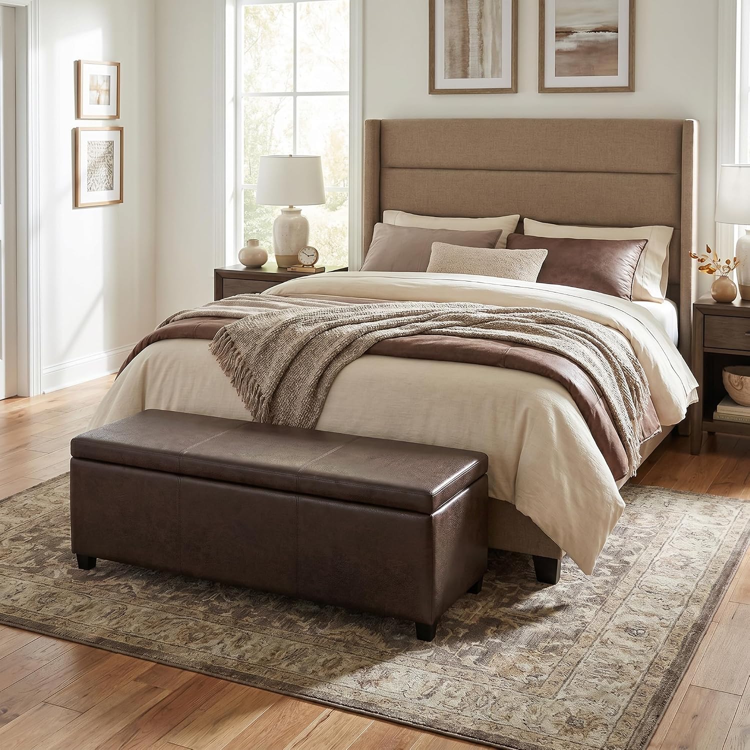 SIMPLIHOME Avalon Storage Ottoman Bench - 48' Wide x 16' High Upholstered Vegan Leather Rectangular Lift-Top Ottoman in Distressed Brown, Contemporary Bench for Living Room with High-Density Foam