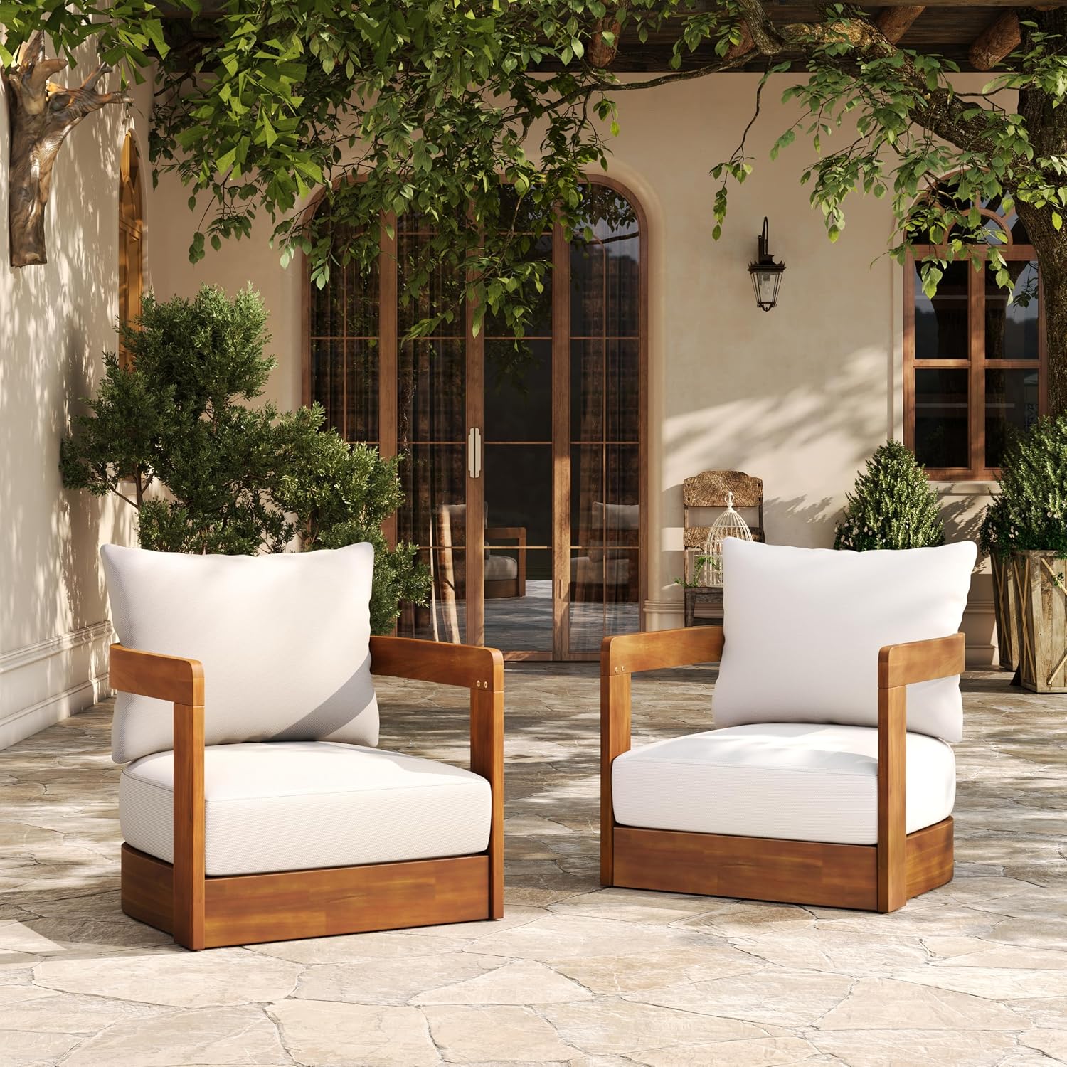 Christopher Knight Home Chloe Acacia Wood Lounge Chair Outdoor Set of 2, Curved Tub Design Accent Chairs with Weather Resistant Cushion, Comfy Low Profile Reading Seating for Backyard, Teak+ Beige