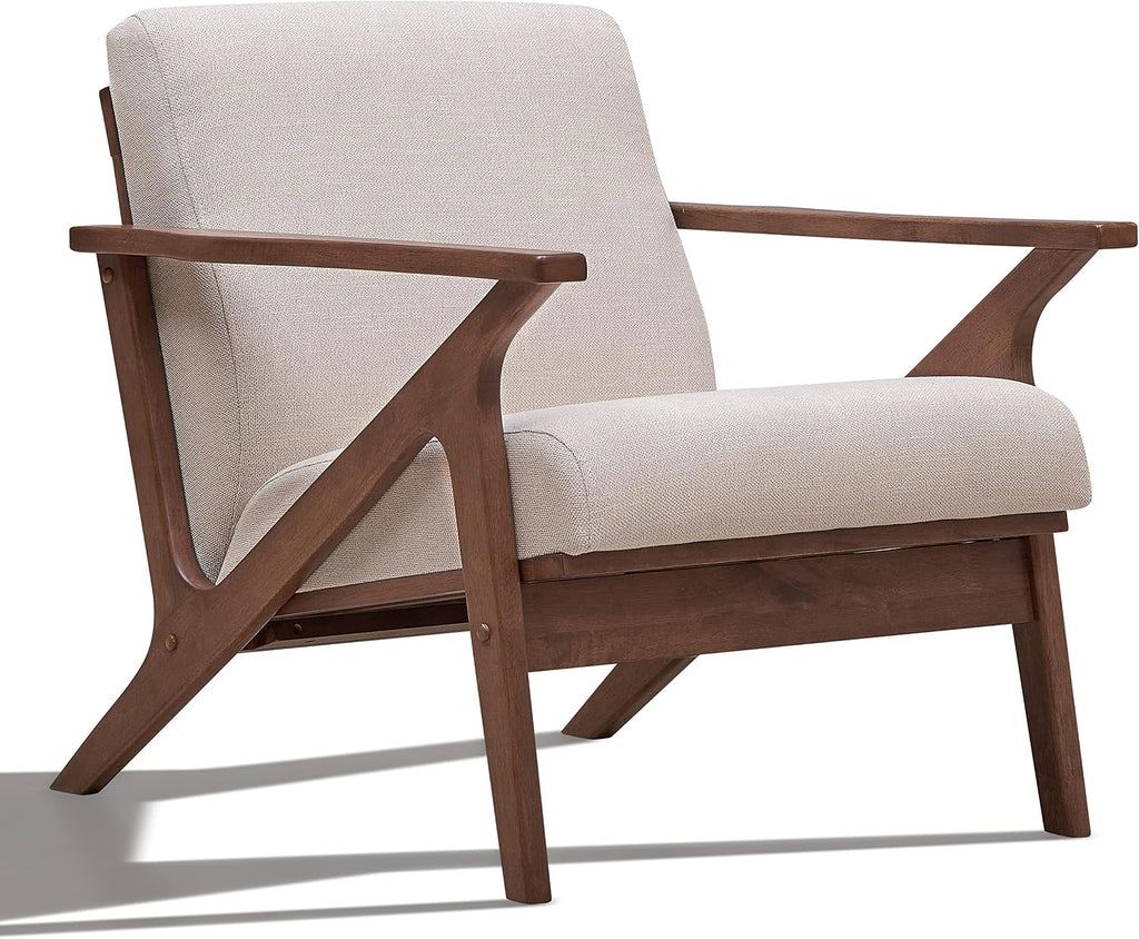 Zola Mid Century Modern Accent Chair Arm Chair: The Perfect Reading, Living Room, and Bedroom Chairs for Modern Home Furniture Use! Solid Wood Frame, Beige/Walnut