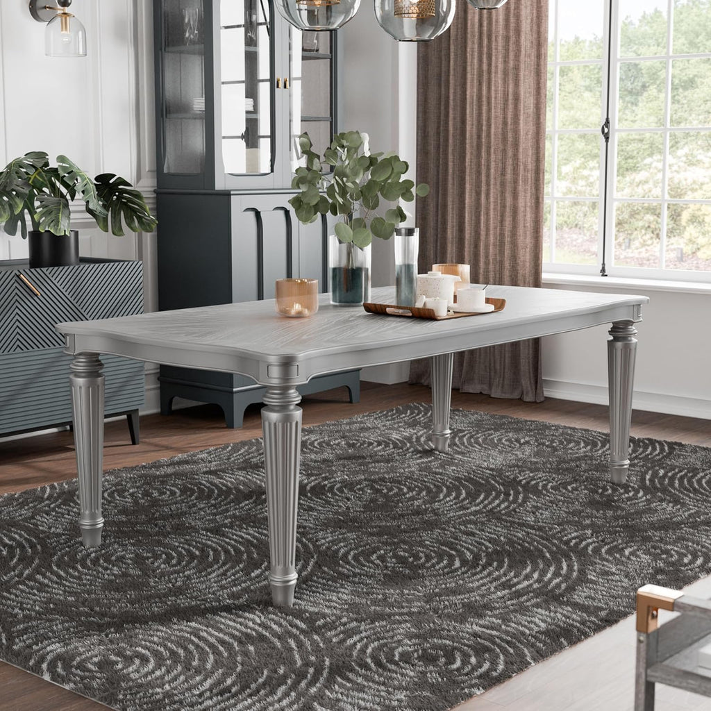 Furniture of America Seabliss Glam Solid Wood 5 Piece Dining Table Set with Upholstered Chairs, Turned Fluted Legs Design, Seats up to 4, for Home, Kitchen, Living Room, Silver