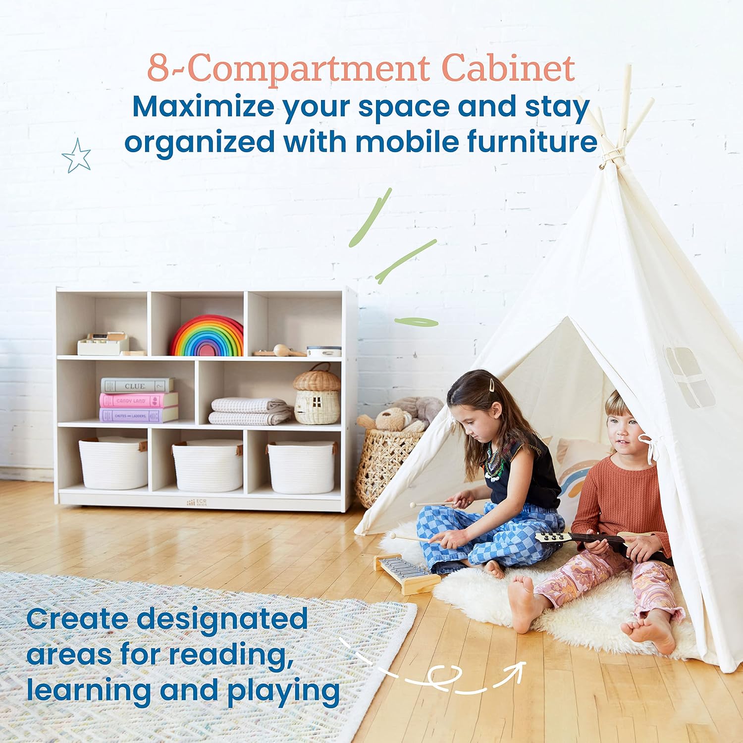 ECR4Kids 8-Compartment Mobile Storage Cabinet, Elementary, Classroom Furniture, White Wash