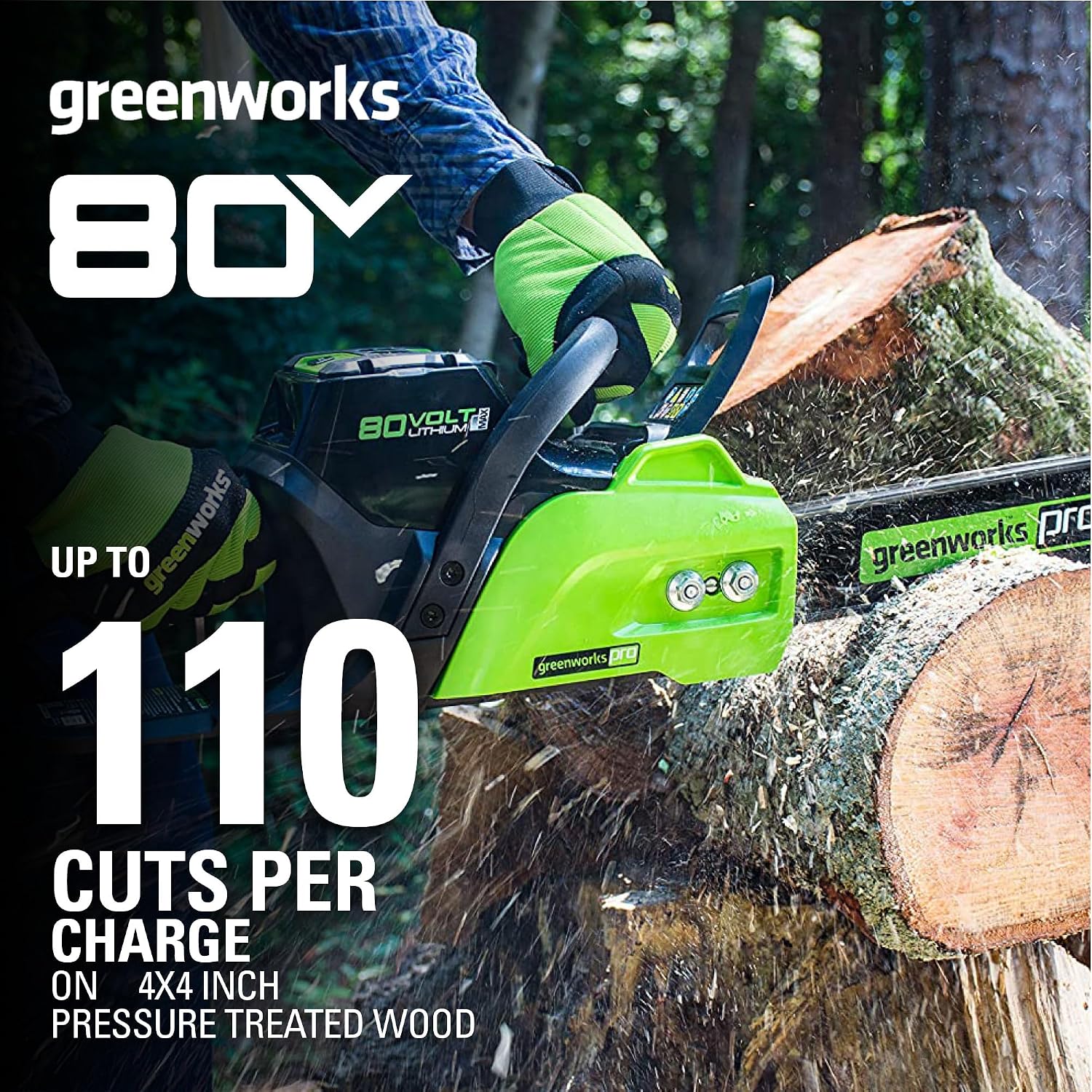 Greenworks 80V 18' Brushless Cordless Chainsaw (Great For Tree Felling, Limbing, Pruning, and Firewood) / 75+ Compatible Tools), 2.0Ah Battery and Rapid Charger Included