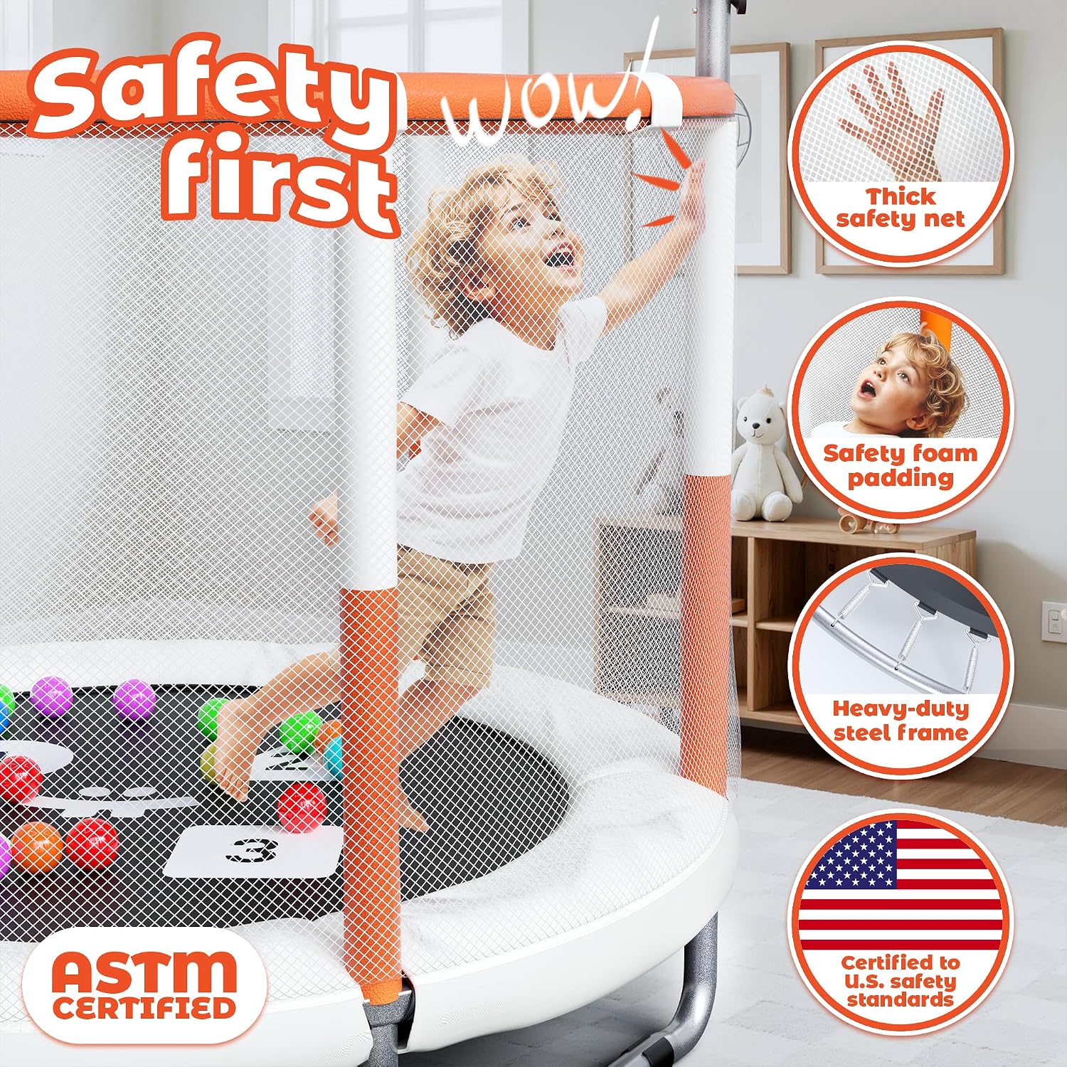 Happin® 55'' Trampoline for Kids with Safety Enclosure, Indoor & Outdoor Toddler Trampoline, Ultra Safe Design with Multi Activity Accessories, Perfect Toddler Gift for Boys & Girls Ages 1–8