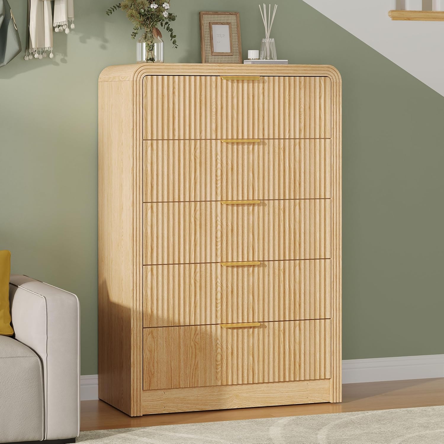 Decofy Fluted 5 Drawers Dresser, 48' Tall Modern Chest of Drawers with Round Edge & Metal Handle, Wood Drawer Organizer for Living Room, Bedroom, Entryway, Hallway (Natural Oak)