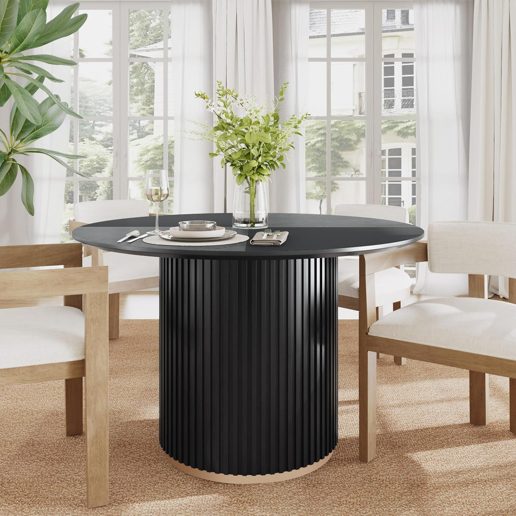 Christopher Knight Home Nalinga Modern Dining Table with Round Wood Table Top and Iron Pedestal Base, Metal Drum Base Kitchen Table for 4-6 People, Premium Quality, Black