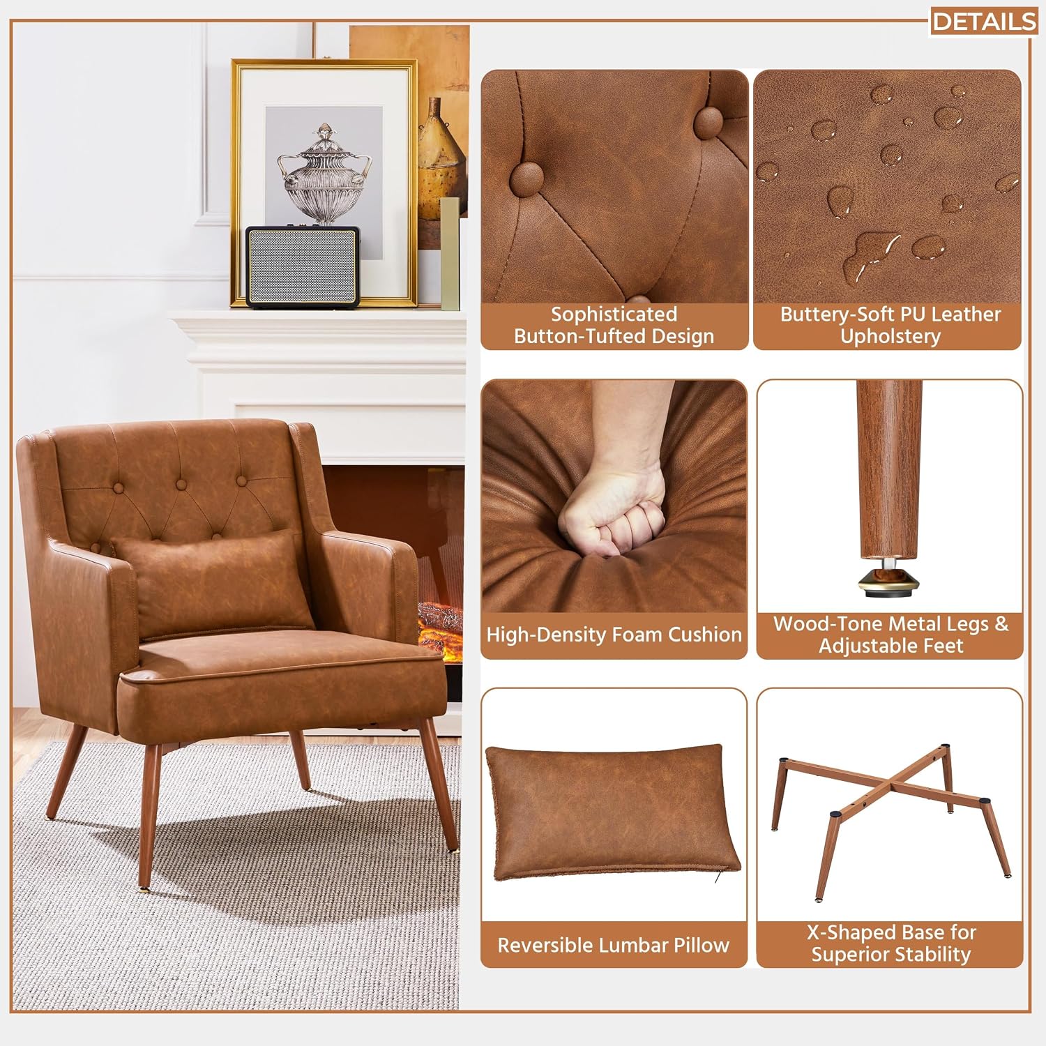 Yaheetech Accent Chair, Living Room Chair Mid Century PU Leather Armchair Lumbar Pillow, Comfy Upholstered Reading Chair Wood Leg Bedroom Lounge Brown