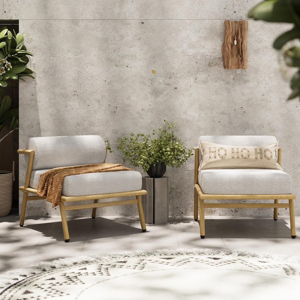 Christopher Knight Home Dessa Patio Accent Chairs Set of 2, Wood-Like Club Chairs, Boucle Lounge Chair, Upholstered Armless Chair, Iron Frame Stable Seating for Garden Poolside Backyard, White+Teak