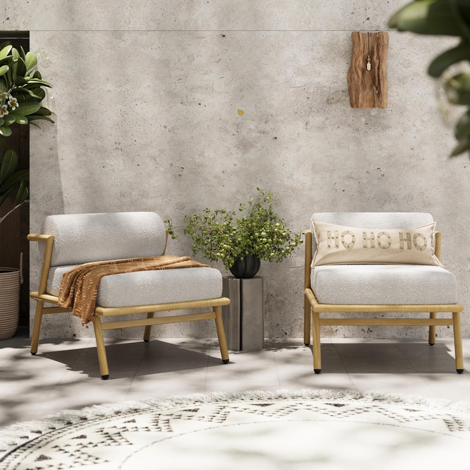 Christopher Knight Home Dessa Patio Accent Chairs Set of 2, Wood-Like Club Chairs, Boucle Lounge Chair, Upholstered Armless Chair, Iron Frame Stable Seating for Garden Poolside Backyard, White+Teak