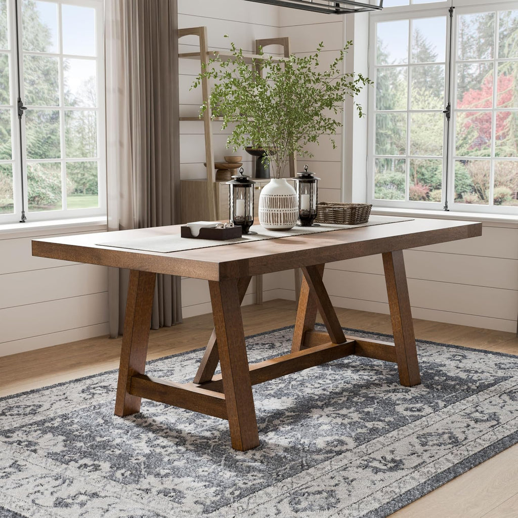 Furniture of America Zephyrine Rustic Solid Wood 76-inch Rectangle Dining Table with Trestle Base, Seats up to 6, Easy Assembly, for Home, Kitchen, Living Room, Brown
