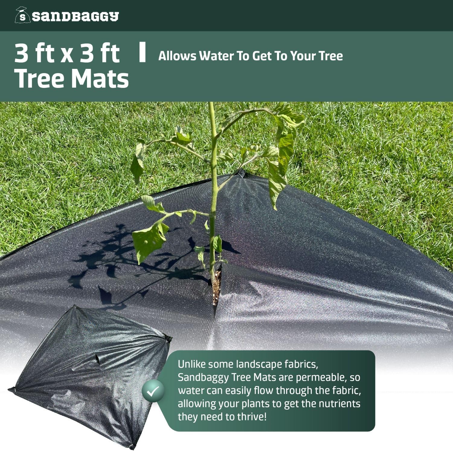 Sandbaggy Tree Mats 3 ft x 3 ft | Fabric Stops Weeds in Its Tracks | UV Protected for Extended Life | for Landscape, Weed Barrier, Ground Cover, Farming, Garden | DOT Approved (Pack of 100)