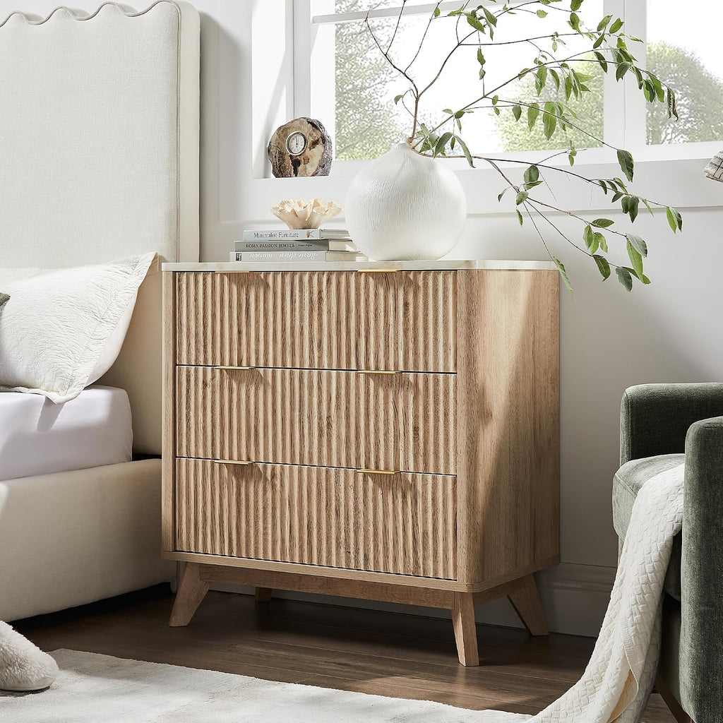 T4TREAM Fluted 3 Drawer Dresser, 32' Tall Modern Chest of Drawers with Faux Marble Top, Curved Profile Design, Wood Drawer Organizer for Bedroom, Living Room, Hallway, Entryway, Natural Oak