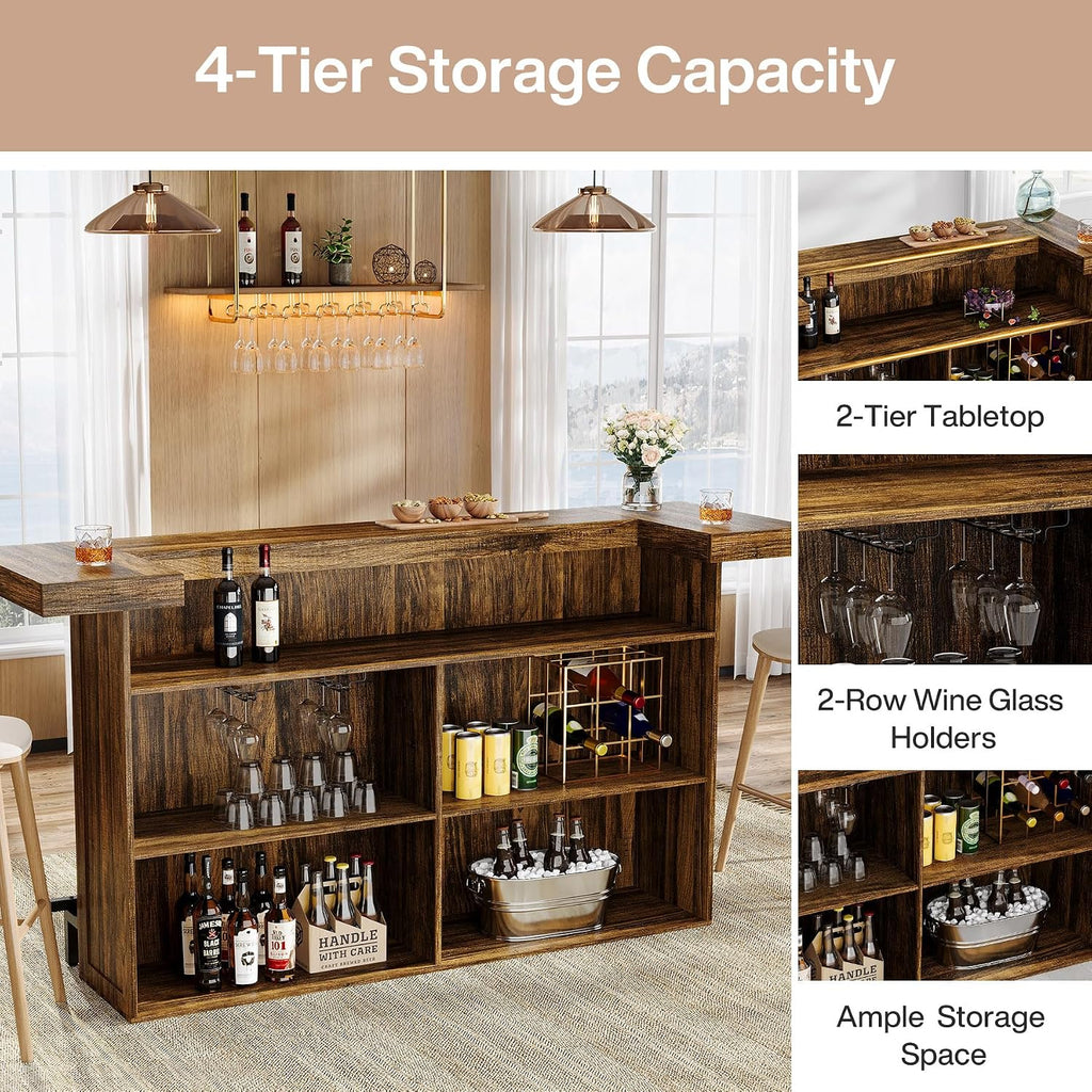 Tribesigns 4-Tier Bar Table, 70.9-Inch Large Wood Home Bar Unit with Wine Glass Holder and Black Footrest, Pub Table with Storage Shelves for Kitchen, Indoor, Brown