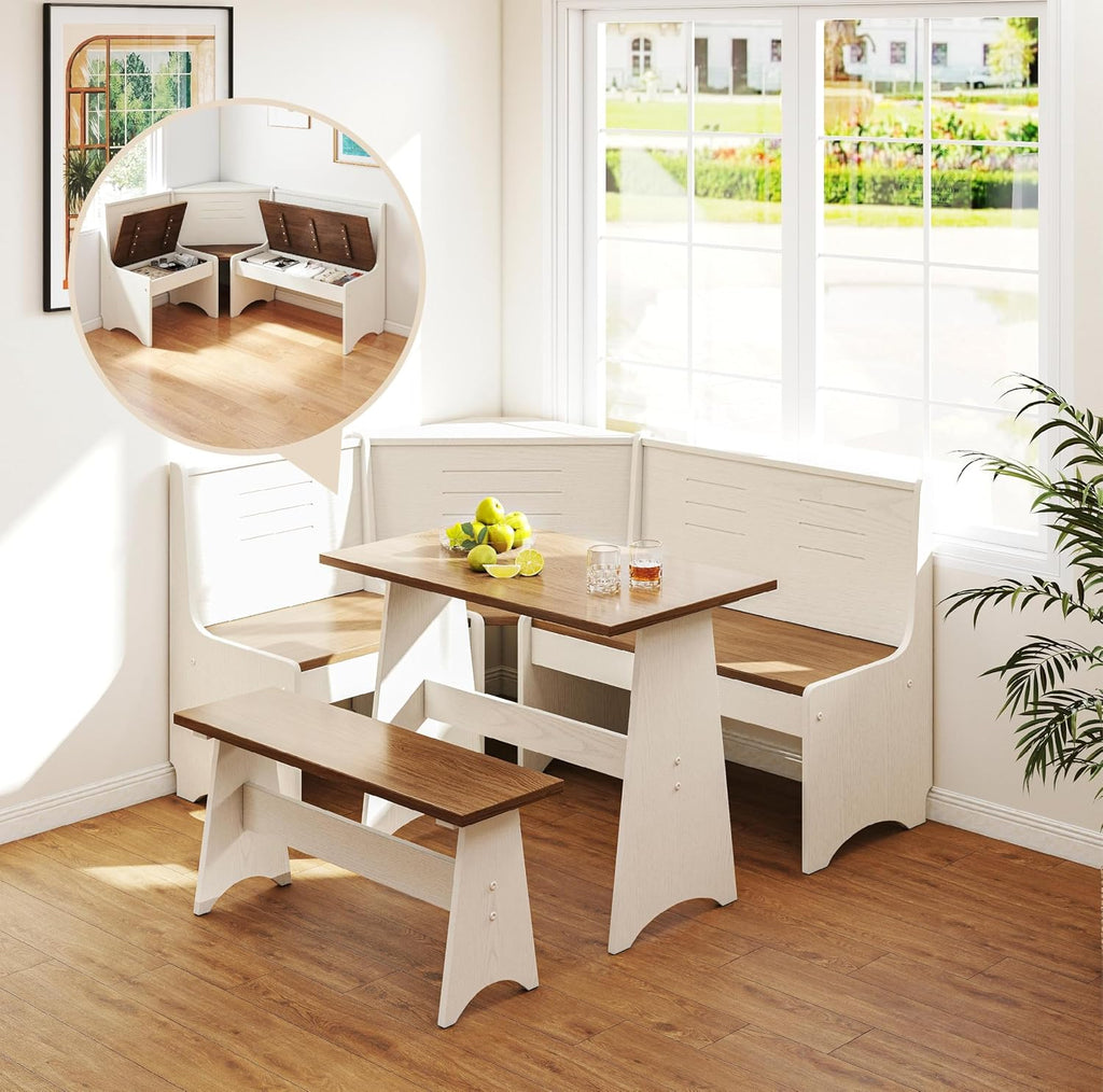 Breakfast Nook Kitchen Corner Dining Table Bench Chair Set, Hidden Storage Space-Saving 3-5 Seat L-Shape for Farmhouse Family Home White Brown Wood