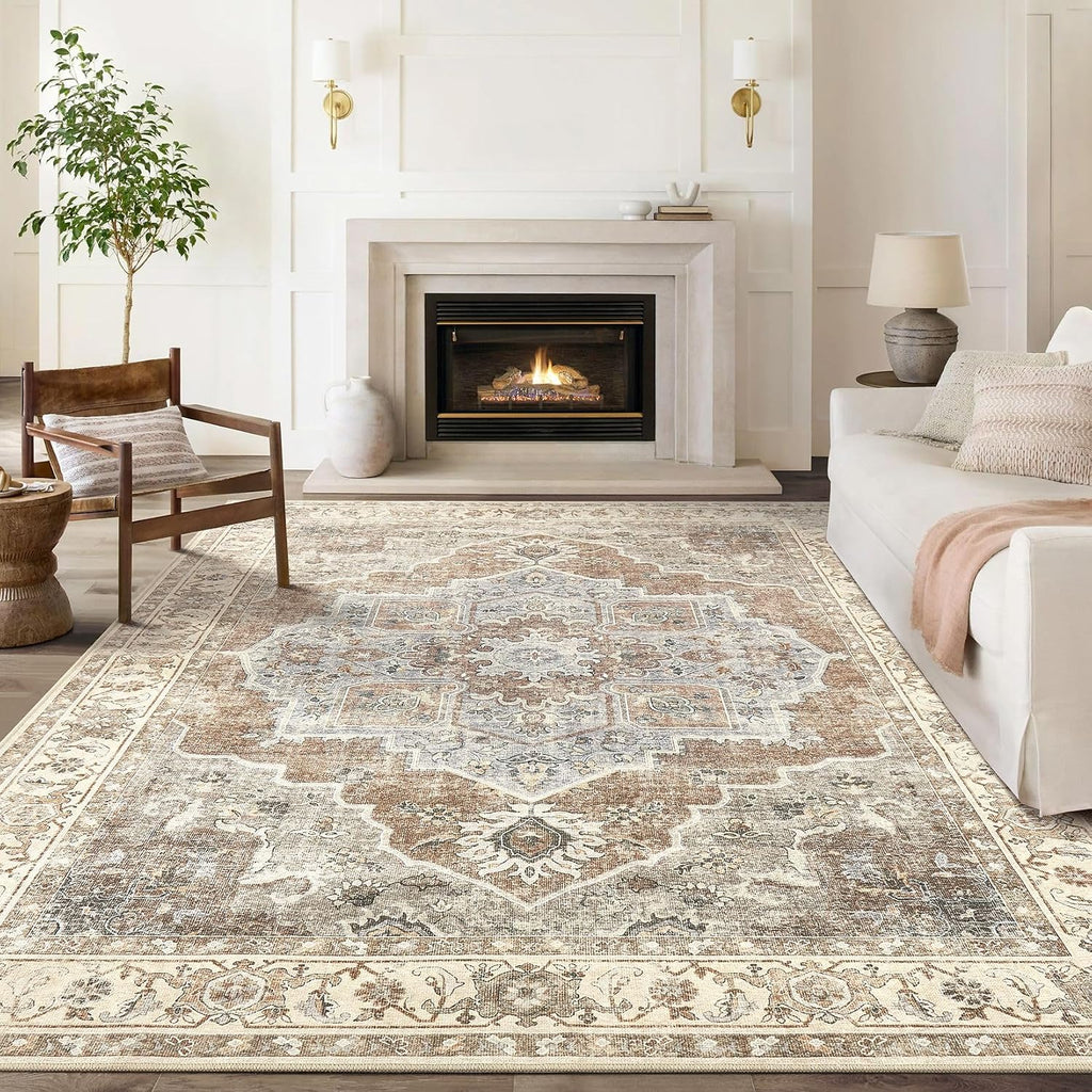 9x12 Washable Area Rug: Vintage Neutral Soft Non Slip Thin Large Floor Carpet for Living Room Bedroom Kitchen Dining Room Home Office Farmhouse Indoor - Grey Brown