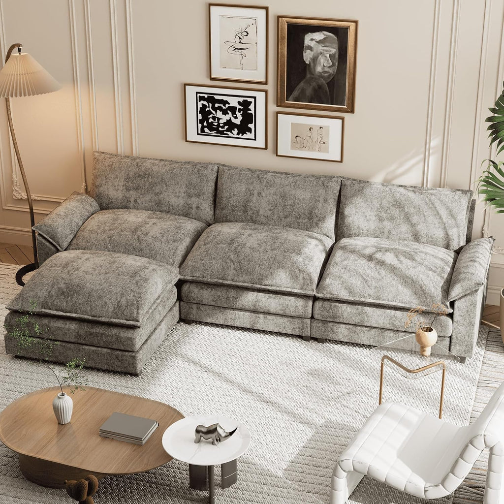 Shahoo Sectional Modular Sofa L Shaped Chenille Fabric Couch with High Supportive & Soft Sponges and Removable Ottoman, Sleeper Comfy Upholstered Furniture for Living Room, Grey