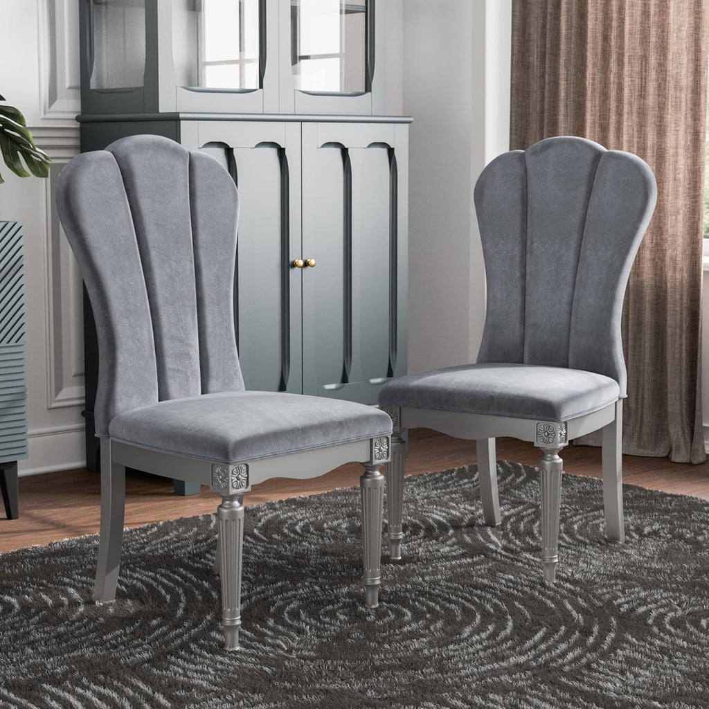 Furniture of America Seabliss Glam Solid Wood 5 Piece Dining Table Set with Upholstered Chairs, Turned Fluted Legs Design, Seats up to 4, for Home, Kitchen, Living Room, Silver
