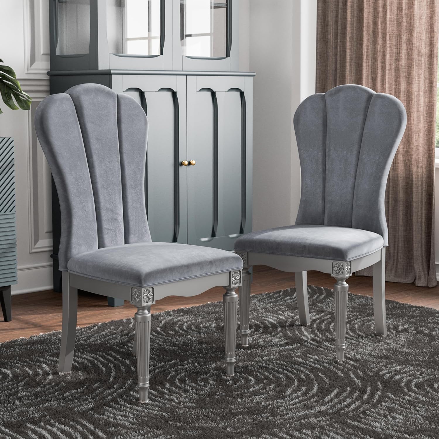 Furniture of America Seabliss Glam Solid Wood 5 Piece Dining Table Set with Upholstered Chairs, Turned Fluted Legs Design, Seats up to 4, for Home, Kitchen, Living Room, Silver