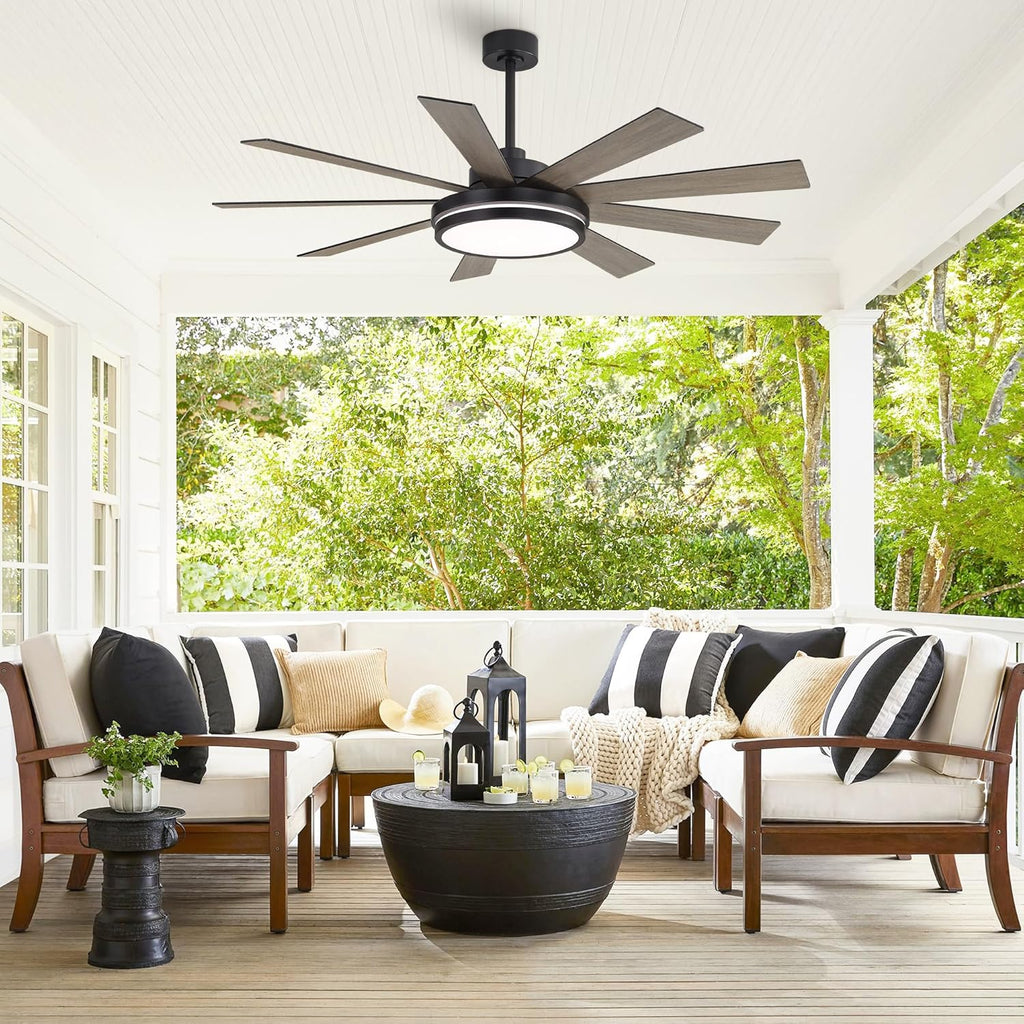 WINGBO 60' Ceiling Fan with Light - Large LED Dimmable Light, 6-Speed Remote Control, Reversible DC Motor, Modern Ceiling Fan 9 Blades for Bedroom, Living Room, Indoor Outdoor Black and Driftwood